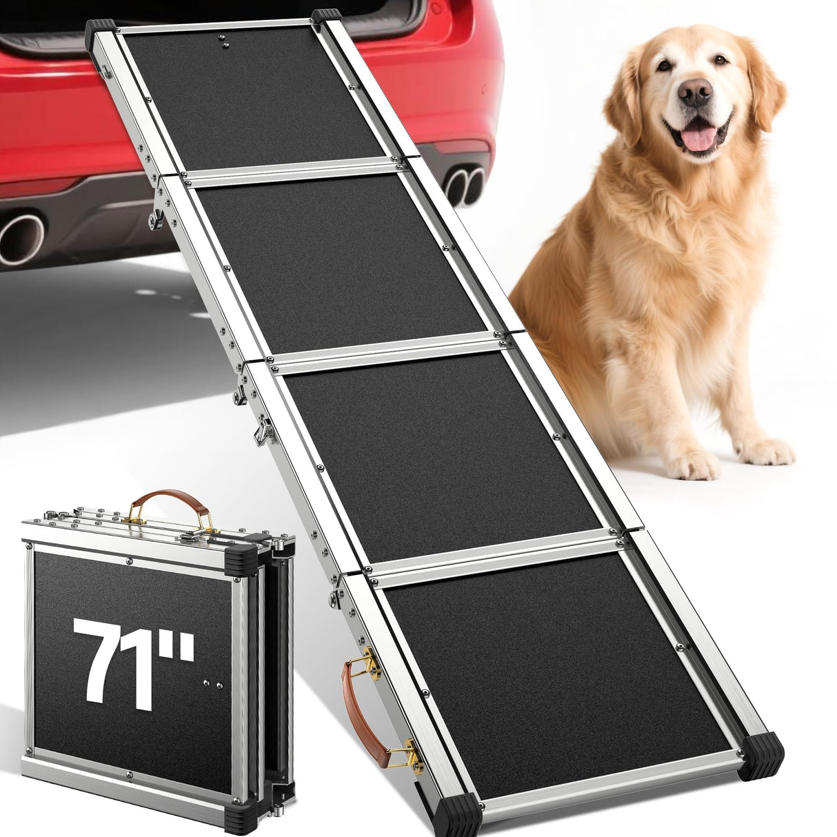 Dog Ramp for Car (200 lbs), Extra L71” W17” Folding Pet Ramp for Large Dogs with with Heavy Duty Hinges, Outdoor Anti-Slip Foldable Dog Car Ramps for SUV Truck Side Door (4 Folded)