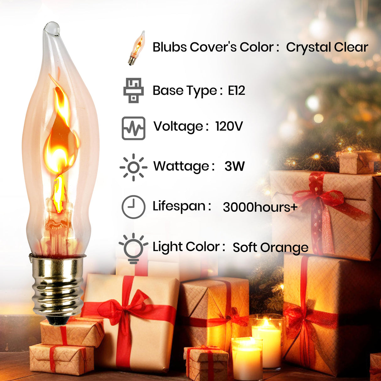 OHLGT Flicker Flame Light Bulb 12 Packs for Hallowwen Christmas Decorative 3 Watt, 120V, E12 Flame Candelabra Light Bulbs