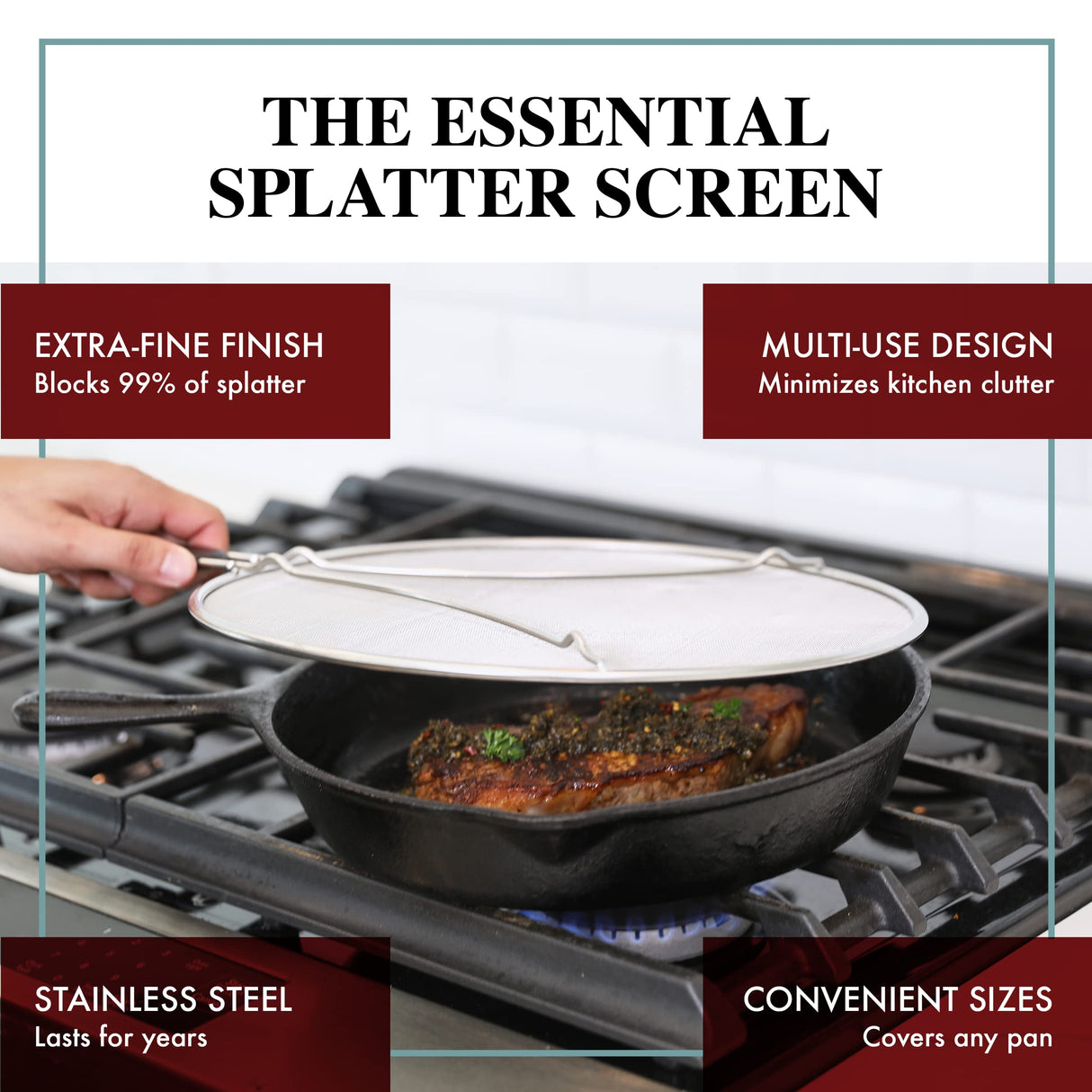 Splatter Screen for Frying Pan - 13 Inch Stainless Steel Grease Splatter Guard - Cover Oil Splash when Sizzling Bacon, Cooking Fried Chicken or Popcorn