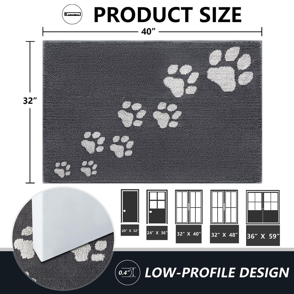 Timo Dog Door Mat for Muddy Paws, 32"x40" Super Absorbent Dog Mats for Indoor Outdoor, Low-Profile Washable Entryway Rug, Non-Slip Rubber Backing Front Door Mat, Grey