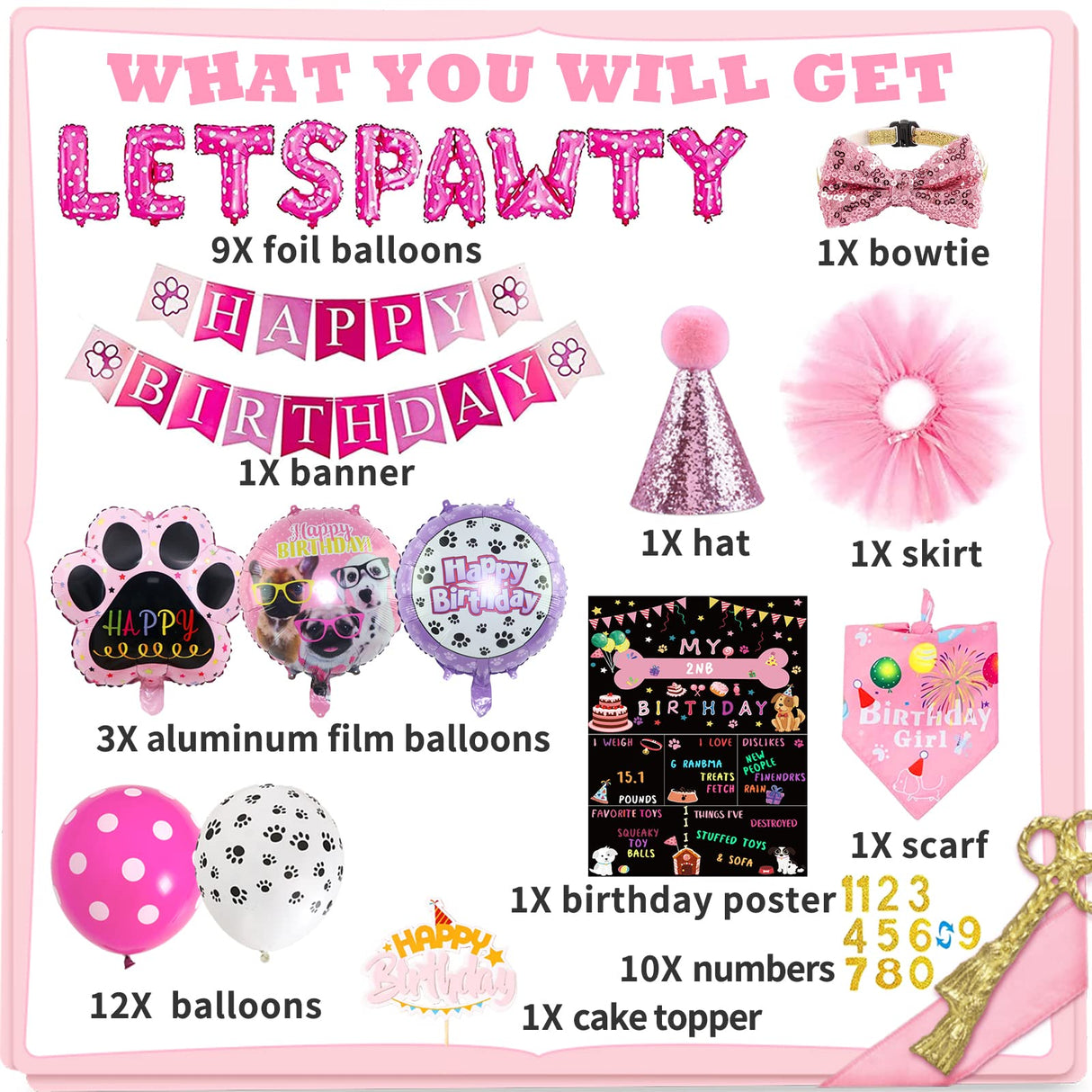 Dog Party Supplies Decorations - Cute Bandana, Let's Pawty Banner, Cake Topper, Hat, Pink Bowtie, Tutu Skirt, Paw Balloon for Birthday Celebration