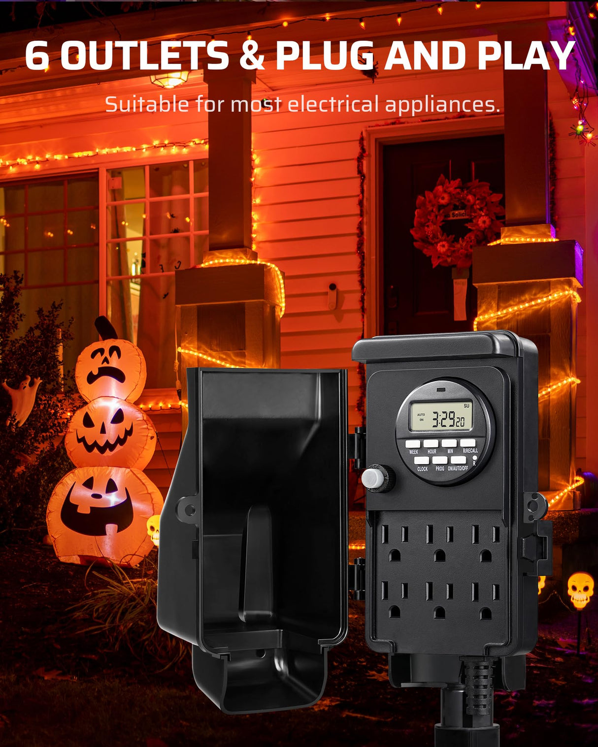 DEWENWILS Outdoor Digital Power Strip Timer, Outdoor Multi Socket Timer, Waterproof 6 Outlet Garden Power Stake, 6ft Cord, for Garden, Halloween/Christmas Decoration Lights, 15A Heavy Duty