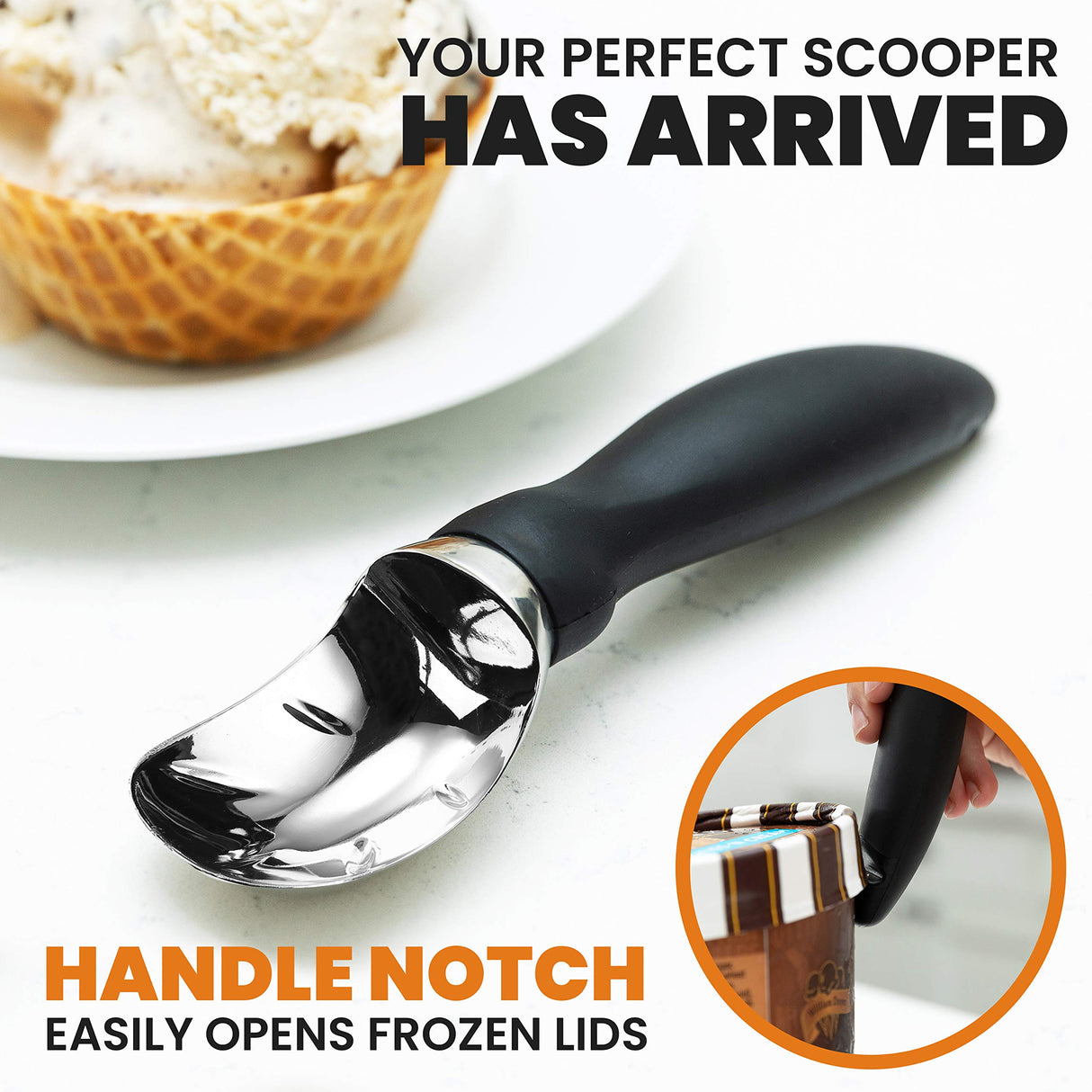 Heavy Duty Ice Cream Scoop with Comfortable Handle - Professional Ice Cream Scooper for Gelato, Sorbet, Cookie Dough, Melon, Frozen Yogurt - Dishwasher Safe Metal Kitchen Tool - Black