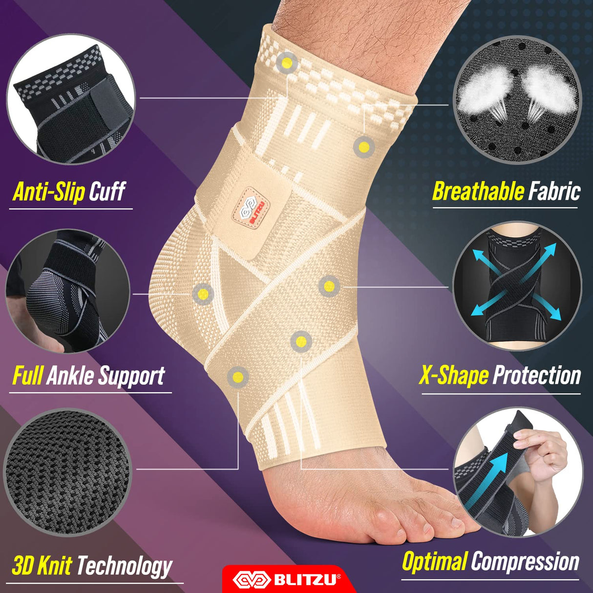 BLITZU Ankle Brace With Adjustable Compression Support Strap for Achilles Tendonitis, Joint Pain Relief. Ankle Wrap for Women & Men. Sprained Ankle Protectors Sleeve for Heel Pain Foot Arch Nude M