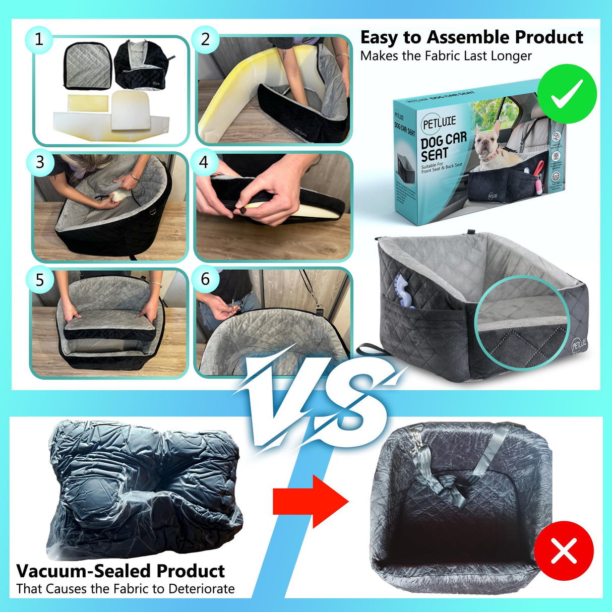 PETLUXE Dog Car Seat – Soft and Comfy Dog Booster Car Seat for Small, Medium Dogs Weighing Up to 30 lbs – Washable and Detachable Puppy Booster Seat with Strap and Pocket – Pet Travel Essential