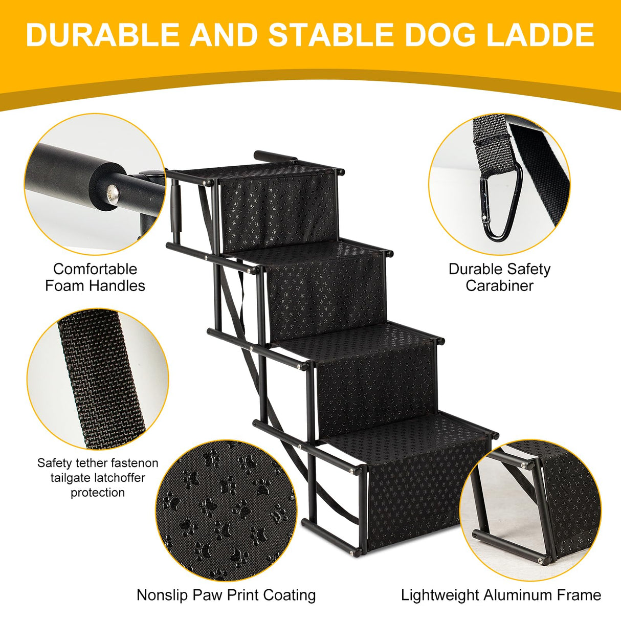 Dog Stairs for Car, Foldable Ramps for Dogs with Non-Slip Surface for Large Dogs Portable Dog Steps for Cars and SUV, Truck to 200 lbs, 4 Steps
