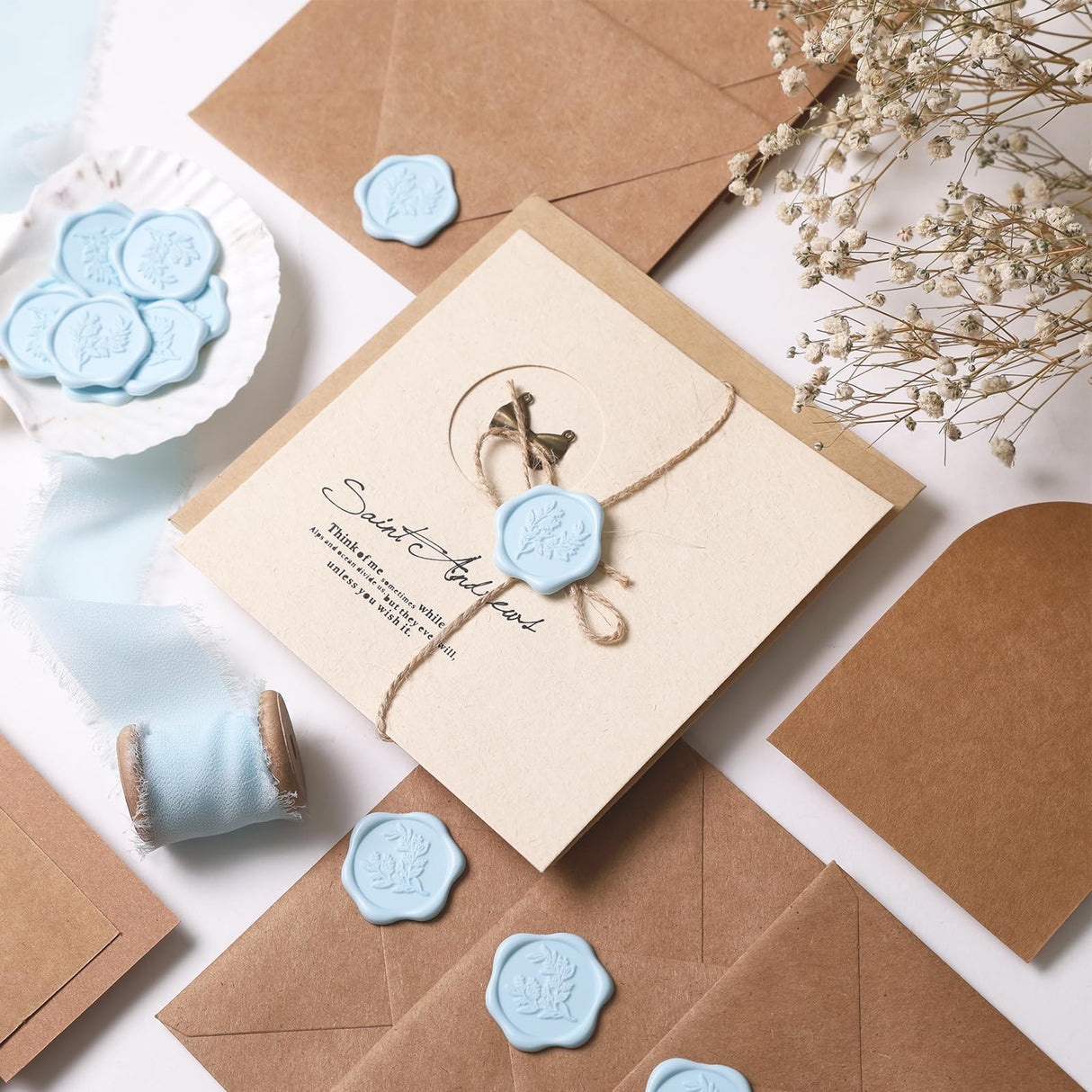 UNIQOOO Wax Seal Stickers - Eucalyptus Wedding Invitation Envelope Seal Stickers, 50 Pcs Self- Adhesive Light Blue Stickers, Perfect for Invitation, Christmas, Gift Wrapping