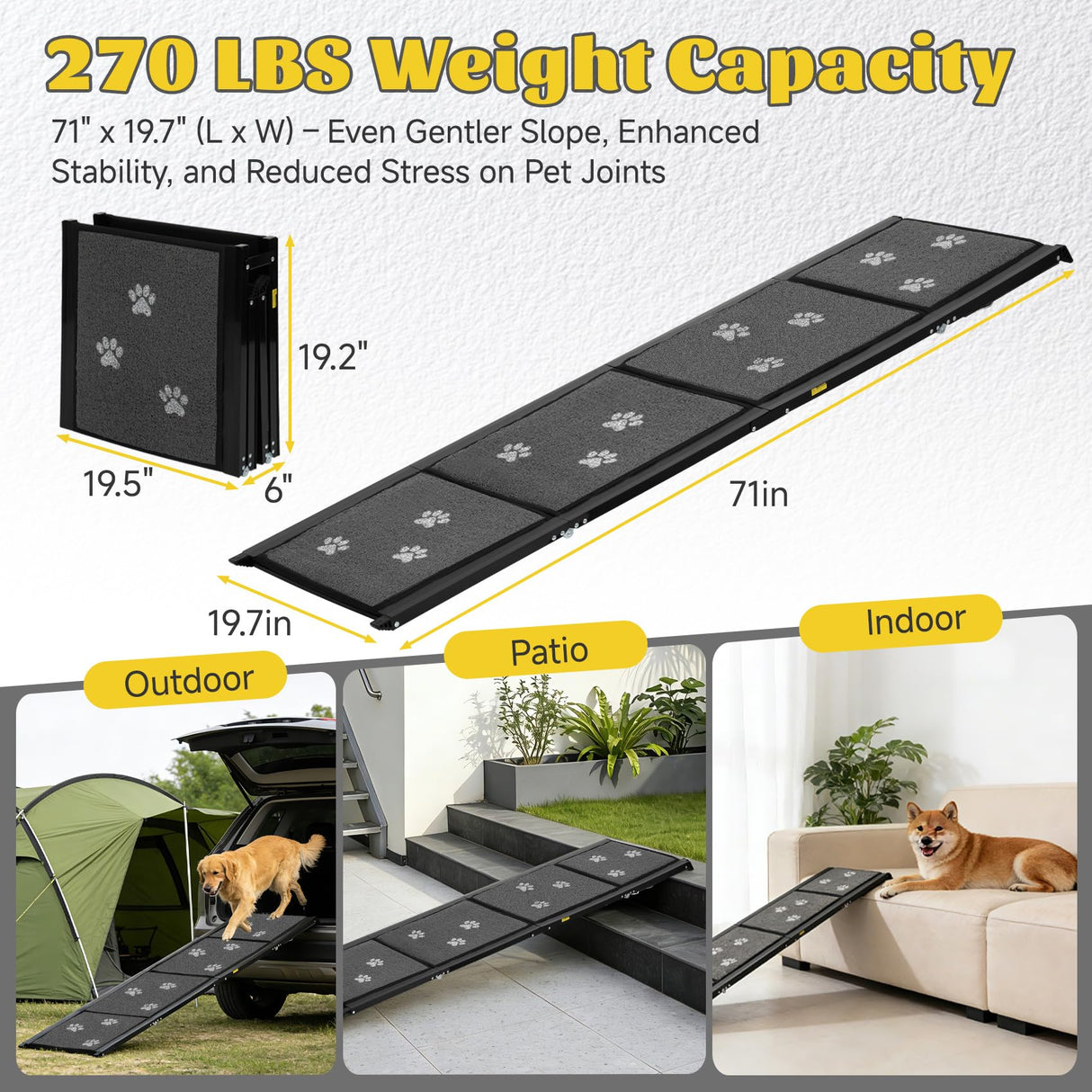 Upgraded Dog Ramp for Car 71" X-Long & 19.7" Wider Portable Dog Ramps for Large Dogs Non Slip Rug Surface Extra Wide Steps for SUV Car and Truck Folding Dog Ramp Supports Up to 270LBS
