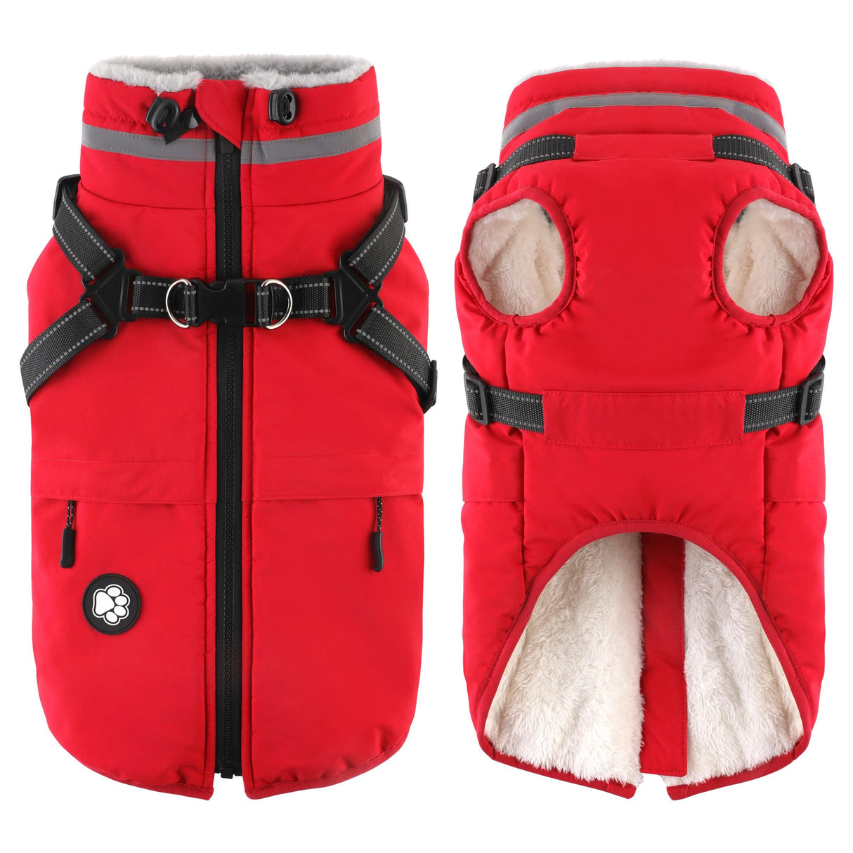 Dogcheer Dog Coat with Harness, Waterproof Dog Jacket, Christmas Puppy Winter Coat with Pocket, Reflective Doggy Turtleneck Puffer Vest for Small Medium Large Dogs - Red, S