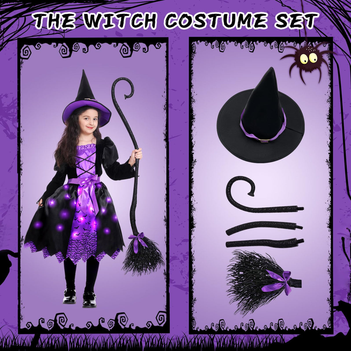 Light Up Halloween Girls Witch Costume, Toddler Witch Dress Set with Hat and Broom, Kids Witch Costumes for Halloween Themed Role-Play Party (Large)
