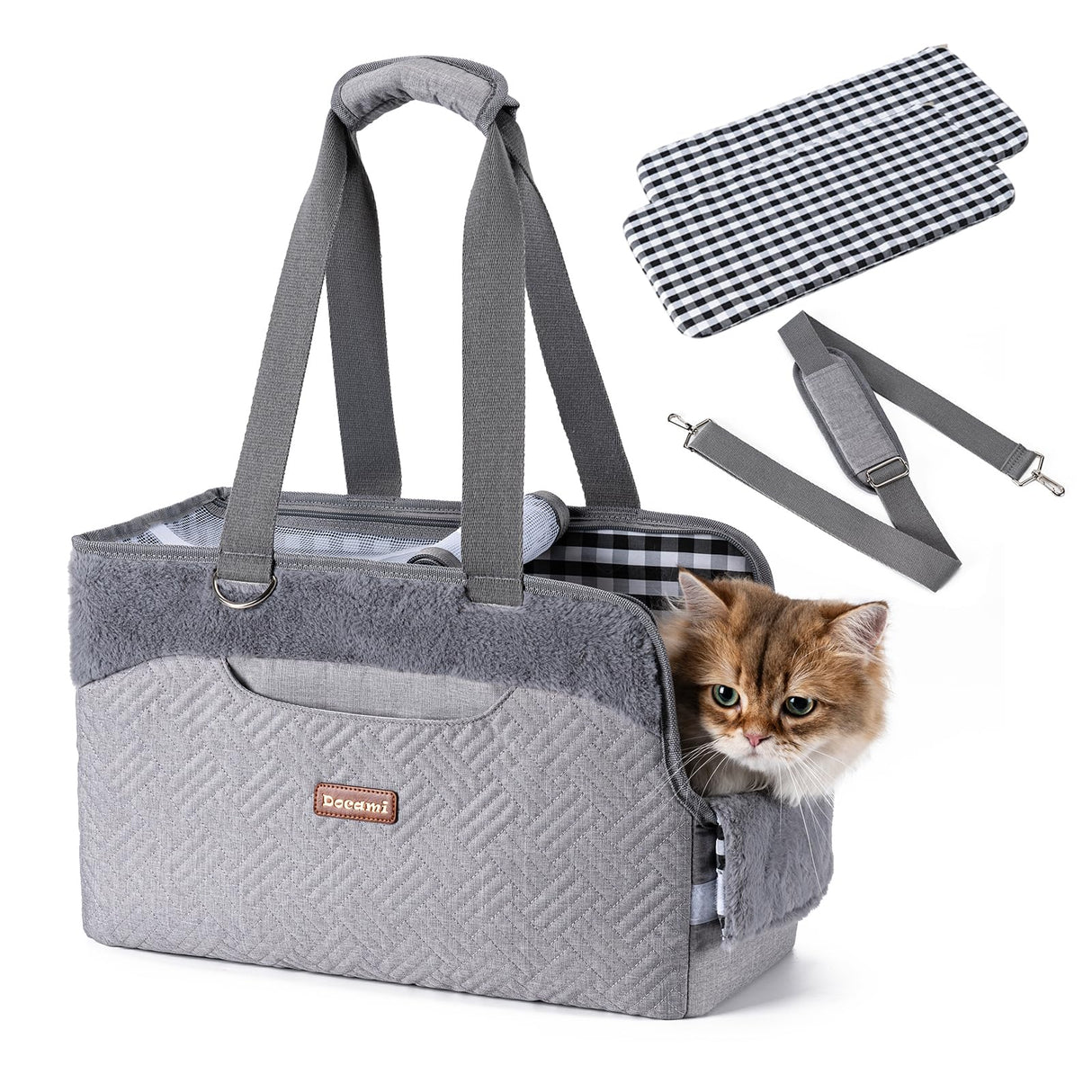 Docami Cat Carrier Bag for Pets Up to 15 Lbs, Fully Open Mesh Roof, Side Vent & 3 Storage Pockets, Cat Dog Crate Travel Bag, Portable & Comfort Soft-Sided Dog Travel Bag, Grey