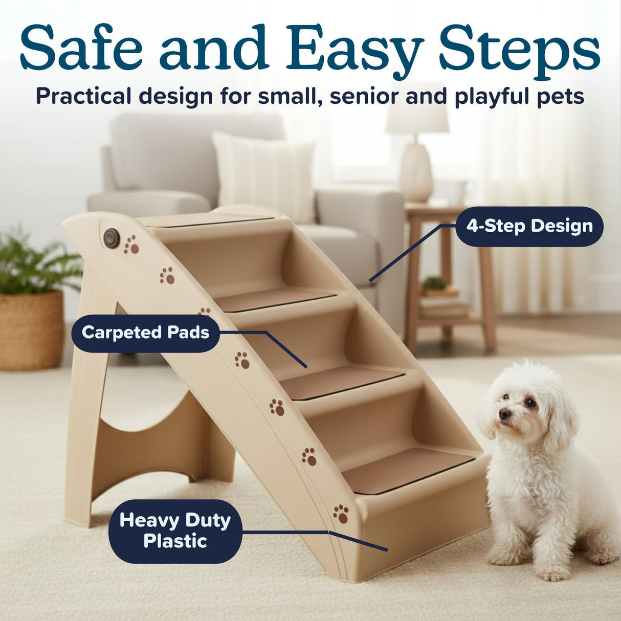 Pet Stairs - Home and Vehicle Foldable Nonslip Dog Steps with 4-Step Design - For Puppies, Kittens, and Other Small Pets by PETMAKER (Tan)
