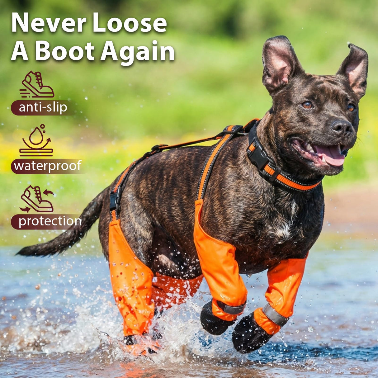 IKIPUKO Dog Suspenders Boots, Winter Snow Shoes for Large Dogs, Waterproof Dog Boots for Rain Mud, Anti-Slip Stay-On for Active Dogs, Adjustable Reflective Paw Protector for Walking Hiking, 2XL Orange
