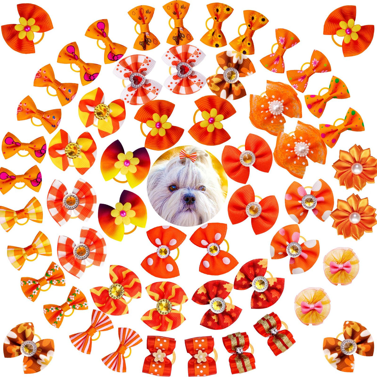 Mruq pet 100pcs Fall Pet Small Dog Hair Bows with Rubber Bands, Bulk Thanksgiving Orange Puppy Dog Grooming Bows, Handmade Pearl and Rhinestones Yorkie Dog Bows for Festival Dog Hair Accessories
