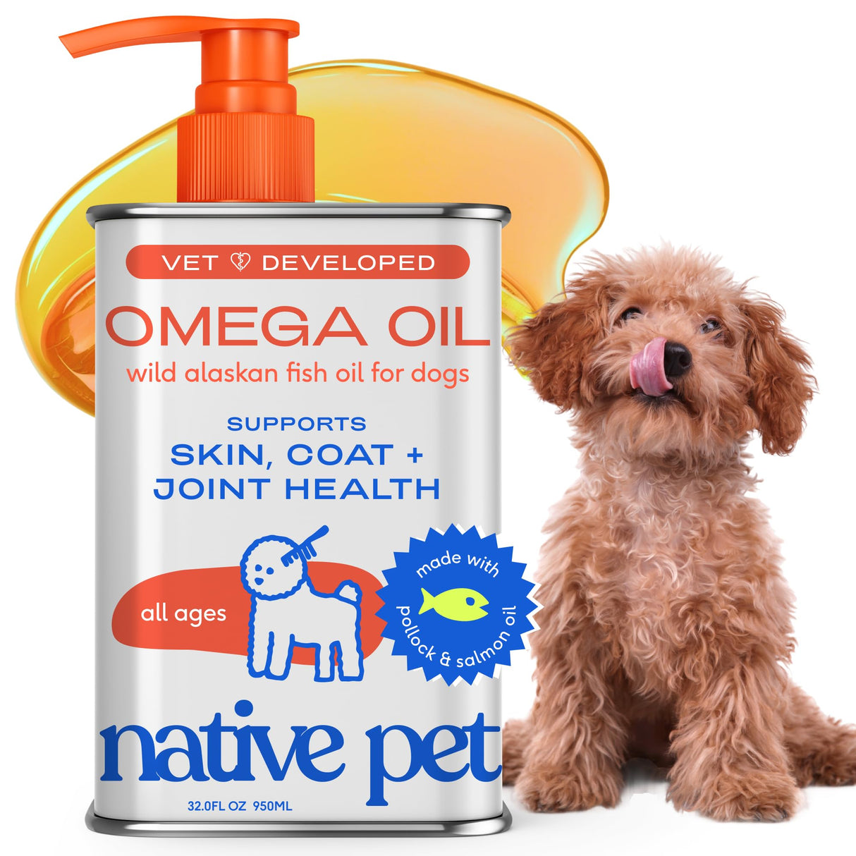 Native Pet Omega 3 Fish Oil for Dogs & Cats - Promotes Healthy Skin, Shiny Coat & Strong Joints - Made with Wild Alaskan Salmon Oil for Dogs – Tasty, Fast-Absorbing Omega 3 6 9 Liquid Supplement-32oz
