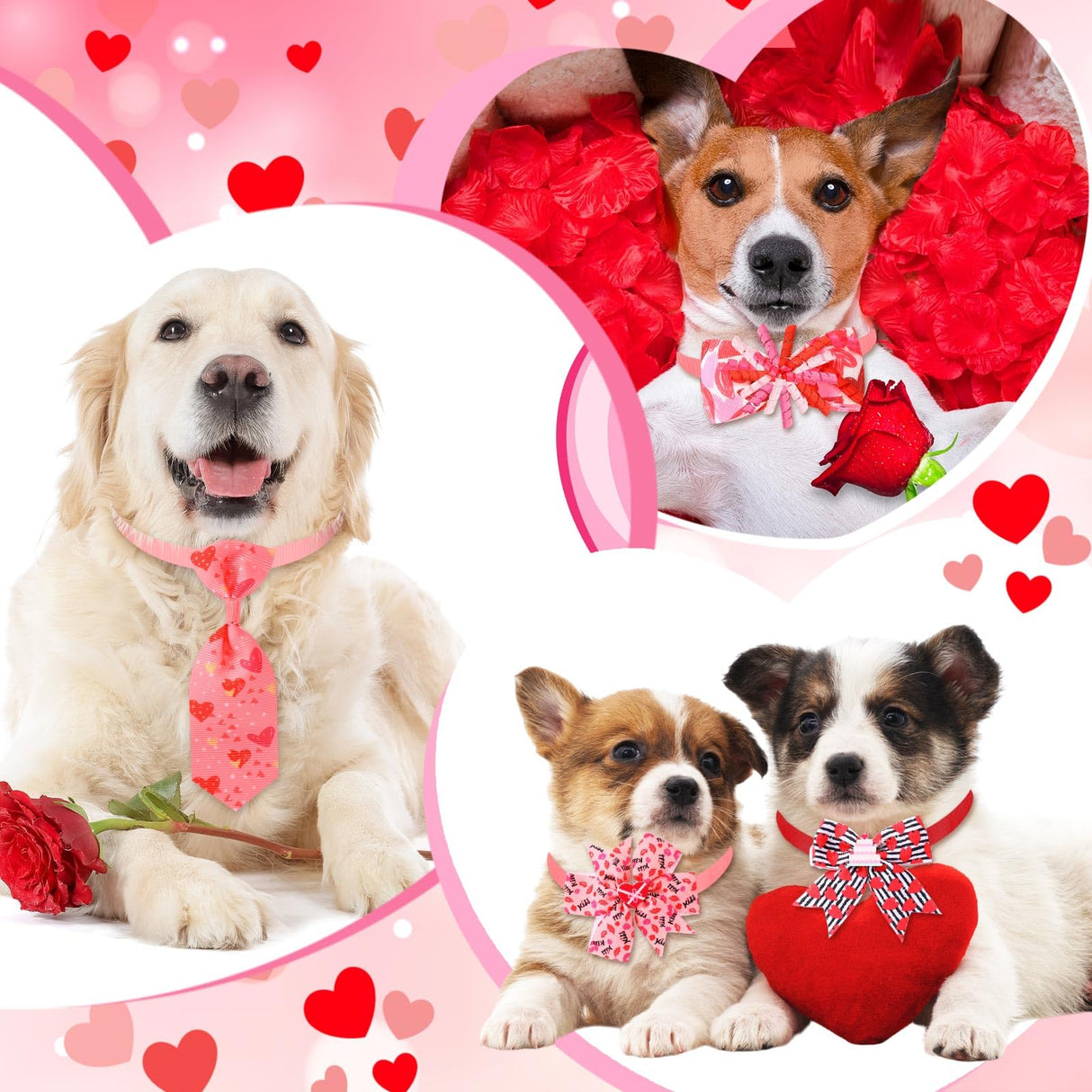 Huhumy 100 Pcs Valentine's Day Dog Bow Tie Collar Bulk Valentine's Day Dog Bow Tie Adjustable Heart Puppy Neckties Collars for Small Medium Pet Grooming Accessories Puppy Supply