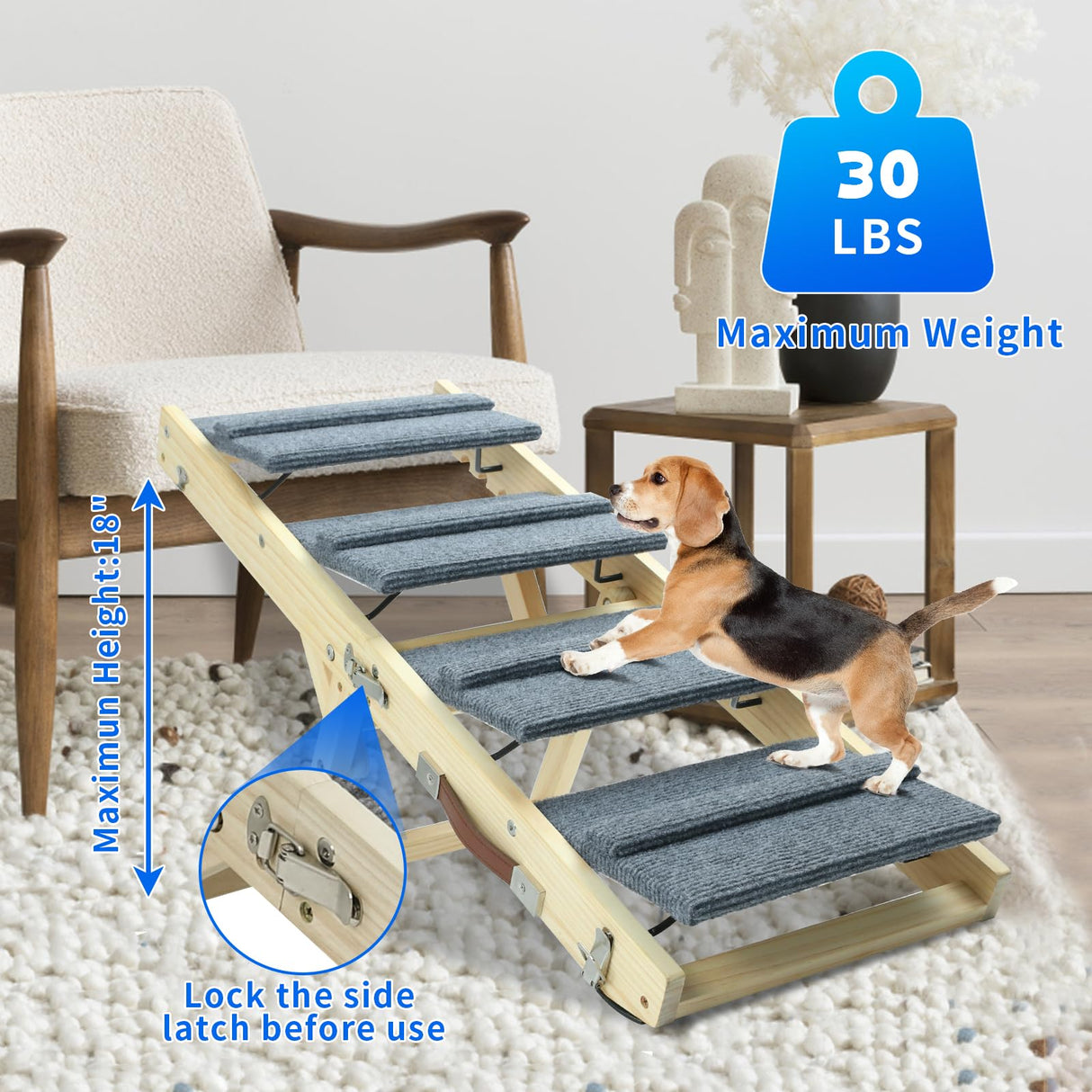 TNELTUEB Dog Ramp, 2-in-1 Dog Stairs for Small Dogs, 32.6" Long, Adjustable 8.5"-18" Pet Ramp with Non-Slip Traction Mat, Folding Portable Wooden Dog Steps for Bed, Couch, Car, Rated for 30 LBS (Grey)