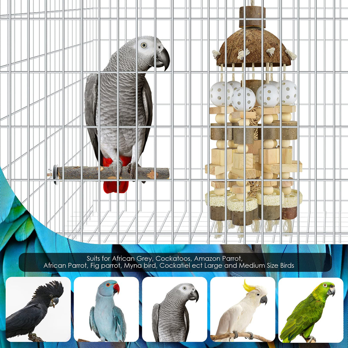 KATUMO Bird Toy, Large Parrot Natural Wooden Blocks Chewing Toy Suits for African Grey Cockatoos Amazon Parrots Large Medium Birds