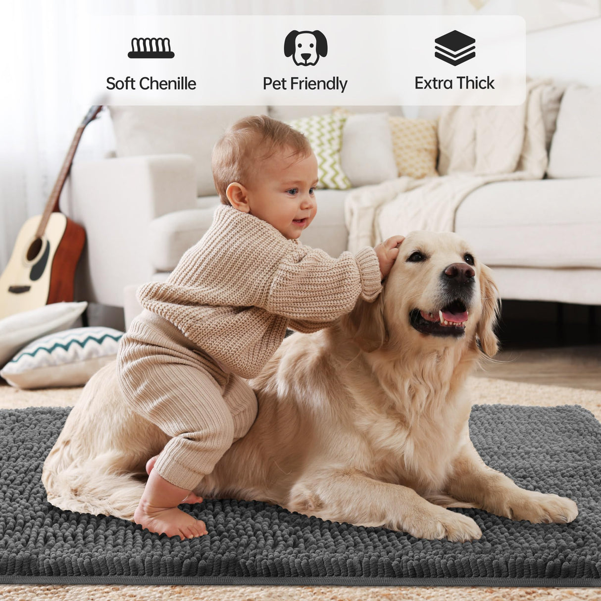Cybstrax Ultra Absorbent Dog Door Mat for Muddy Paws, 72" x 36" Chenille Mud Mat for Dogs, Quick Dry, Trap Dirt Non-Slip Machine Washable Entry Rug for Indoor Outdoor Entrance, Dark Grey