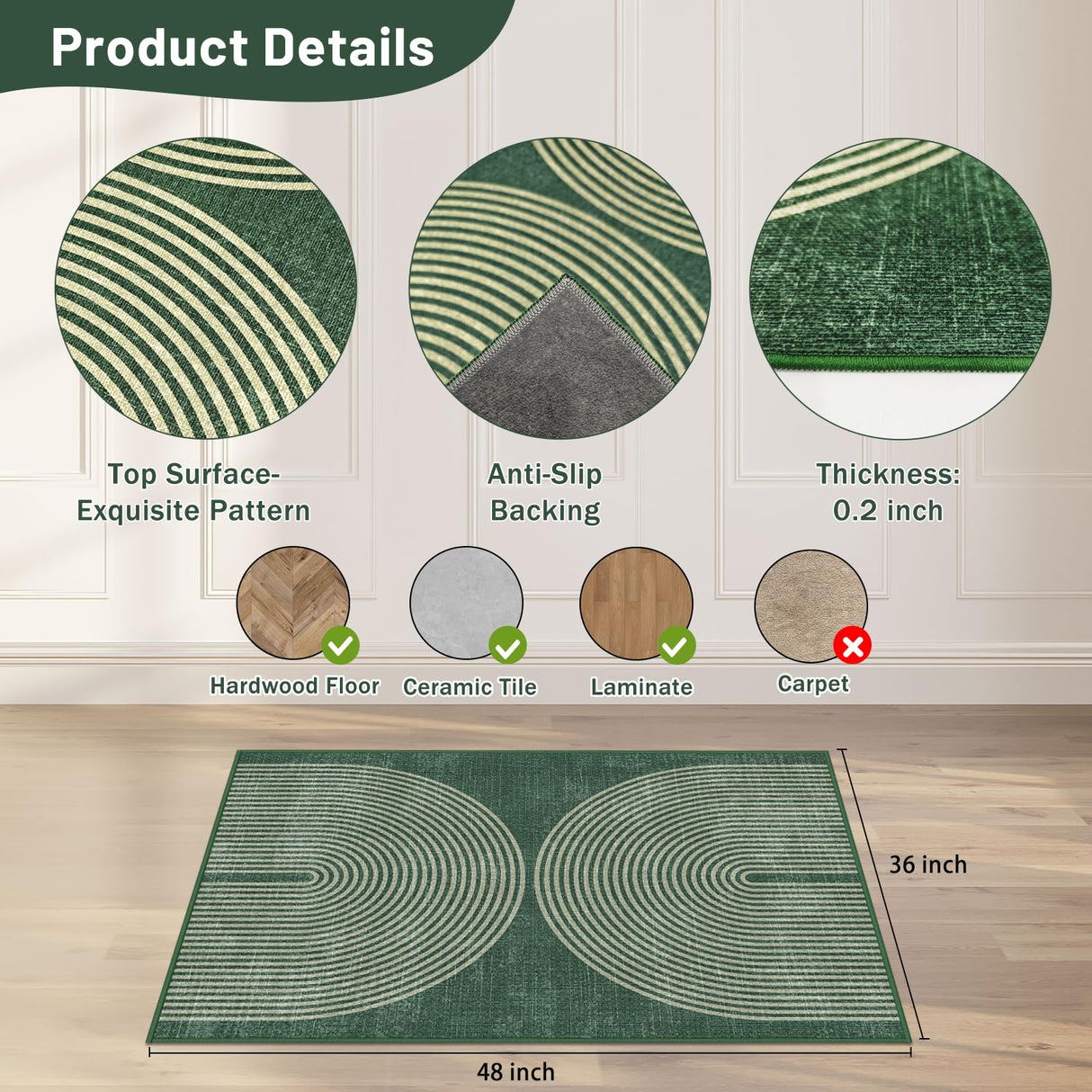 Office Chair Mat for Hardwood Floor&Tile Floor,36"X 48" Heavy Duty Desk Chair Mat for Hard Floors,Under Desk Rug for Rolling Computer Chair,Anti Slip,Low Pile Carpet Floor-Geo Green