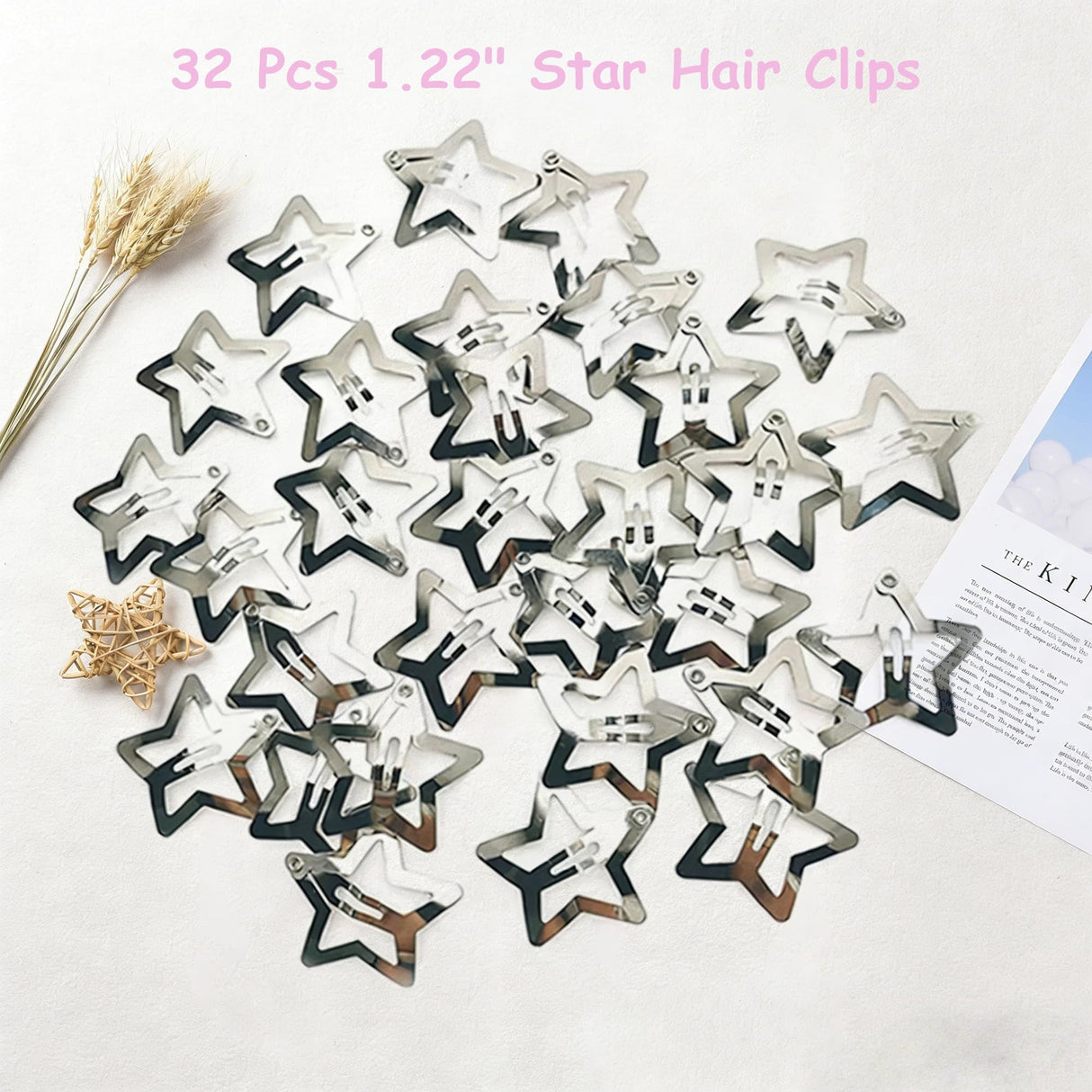 32 PCS 1.22" Star Hair Clips, Y2K Accessories, Non-Slip Metal Snap Silver Barrettes for Kids & Girls & Women kpop Styling