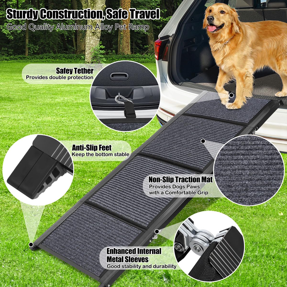 GaliGali Dog Ramp for Car, Portable Folding Pet Stair Ramp with Non-Slip Carpet, 62" Long & 19.7" Wide, Wider Dog Ramp Allow Medium to Large Dog Up to 250 lbs to Enter Car SUV Truck NO.GALILVTI160