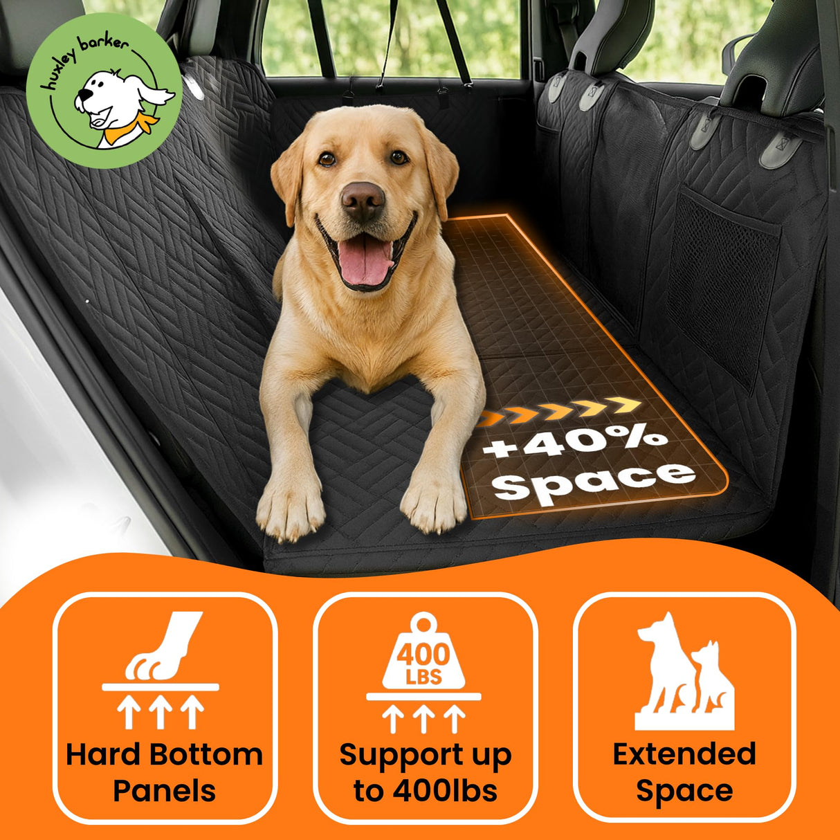 Huxley Barker Car Back Seat Extender for Dogs – 40% Extra Space, 600D Oxford Waterproof Dog Car Seat Cover with Hard-Bottom Bridge, Non-Slip Base, Mesh Window & Storage Pockets – Foldable Design