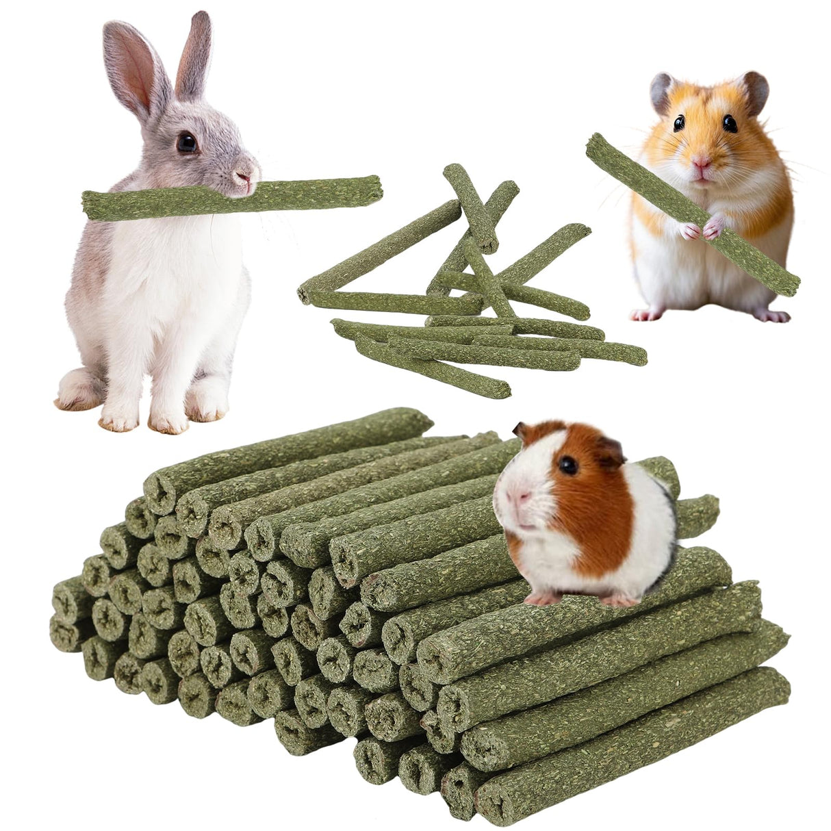 ARTKIDA 100PCS Timothy Hay Sticks for Rabbits Guinea Pigs Chinchillas Chew Treats, Natural Timothy Grass Molar Teeth Stick Bunny Chew Toys for Rabbits Chinchillas Guinea Pigs Hamsters Rodents