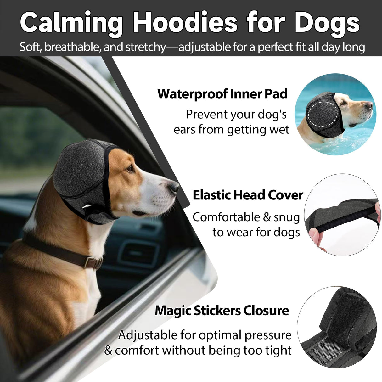 Dog Calming Hoodie Quiet Ear Cover for Noise Protection Anxiety Relief Ear Muffs, No Shake Ear Wraps for Dogs, Swim Cap Bath Blow Drying Headband Wraps for Ear Hematoma Groom Fireworks(Grey, Large)