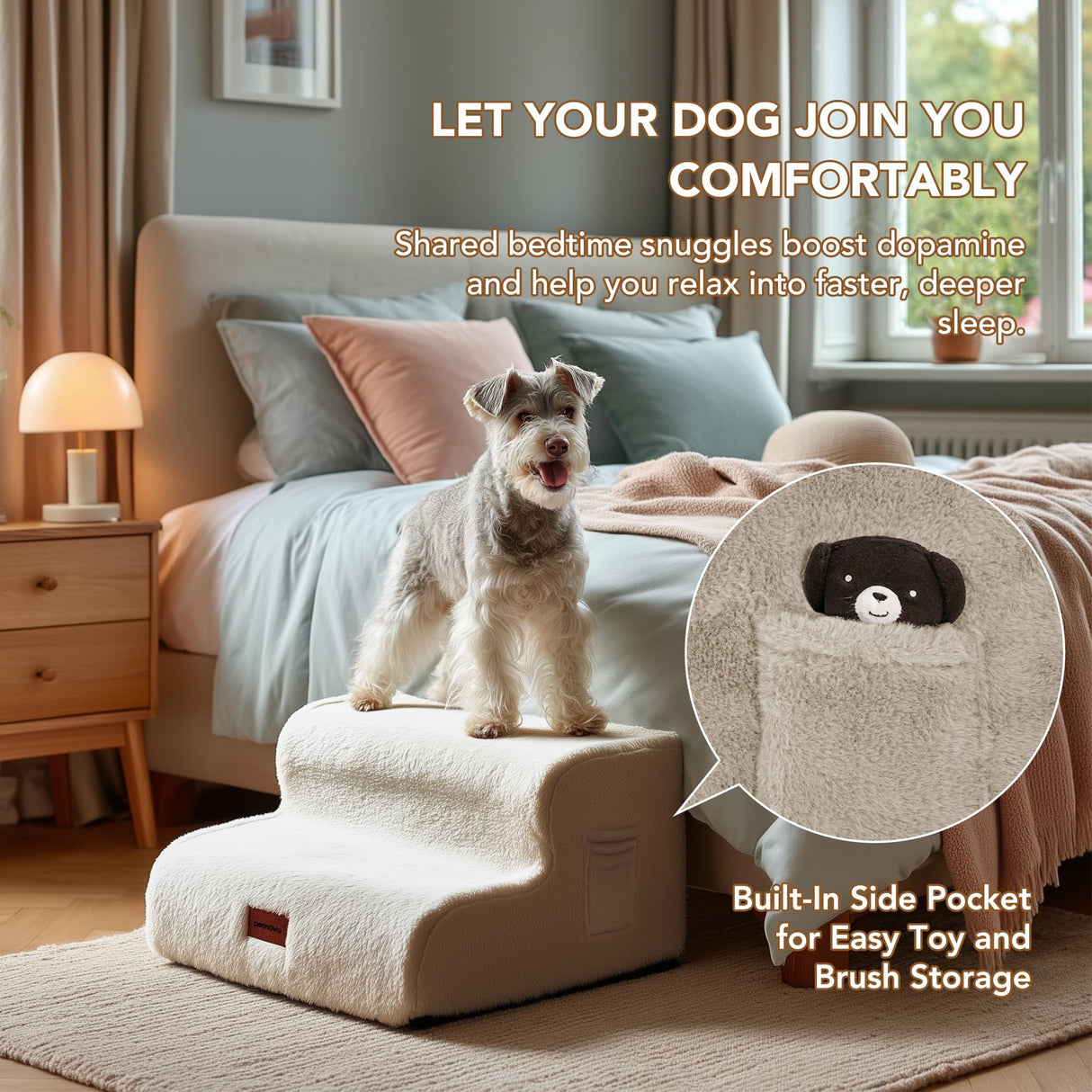 PETNOVO Ultra-Soft Rabbit Fur-Like Dog Stairs for Couch/Bed, Luxury Comfort 3-Step for Small & Senior Dogs, Non-Slip, Removable Washable Cover, OEKO-TEX Certified, 22.4"D x 15.7"W x 15.7"H, Off White