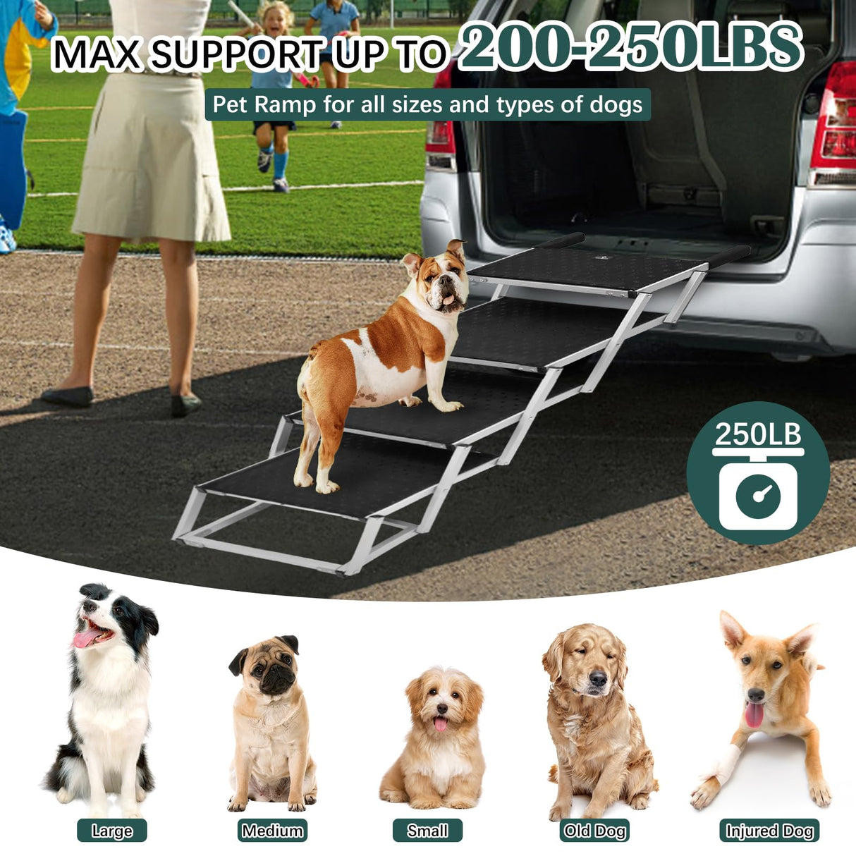 Dog Ramp for Car, Extra Wide Dog Stair for Large Dogs Car, Pet Steps Light Weight Aluminum Foldable Dog Steps for Cars and SUV,High Beds, Trucks, Supports up to 200 lbs (Extra Wide-4 Steps)