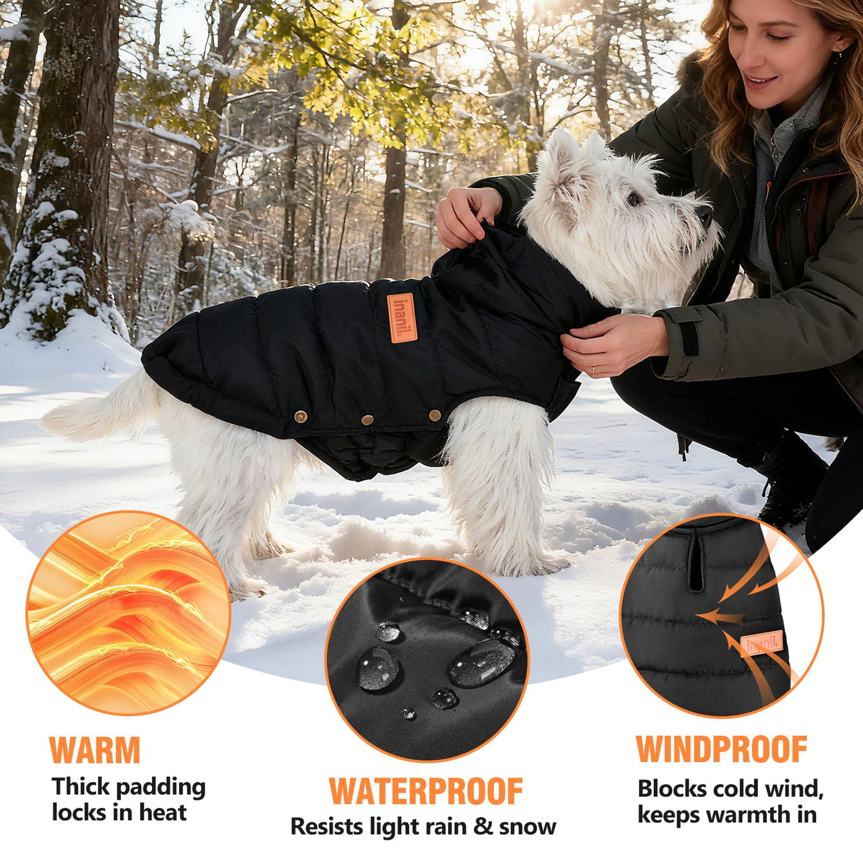 Dog Puffer Jacket for Small & Medium Dogs, Waterproof Windproof Warm Dog Winter Coat, Lightweight Cold Weather Pet Vest with Leash Hole and Adjustable Fit, Black, L