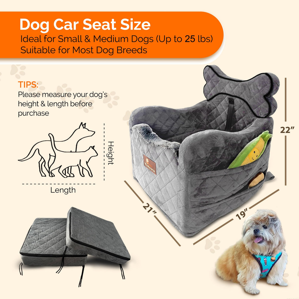 Yara’s Woofyverse Dog Seat for Car – Booster Seat for Small & Medium Dogs with Adjustable Cushions, Fur-Lined Headrest & 6-Pocket Storage – Portable Pet Car Seat for Front/Back Travel – Stone Shadow