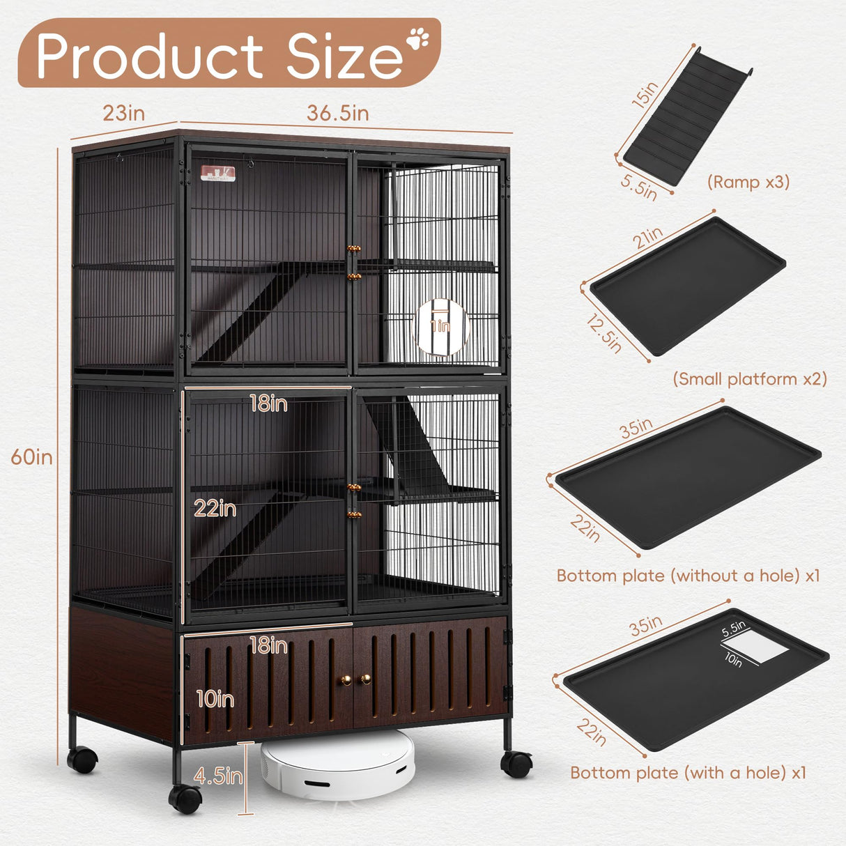 HABUTWAY 60''H Metal Large Ferret Cage, Rolling Chinchilla Cage with Removable Ramps& Double Door, Critter Nation with Locker, Small Animal Cage, Rat Indoor Wooden Pet Crate Furniture