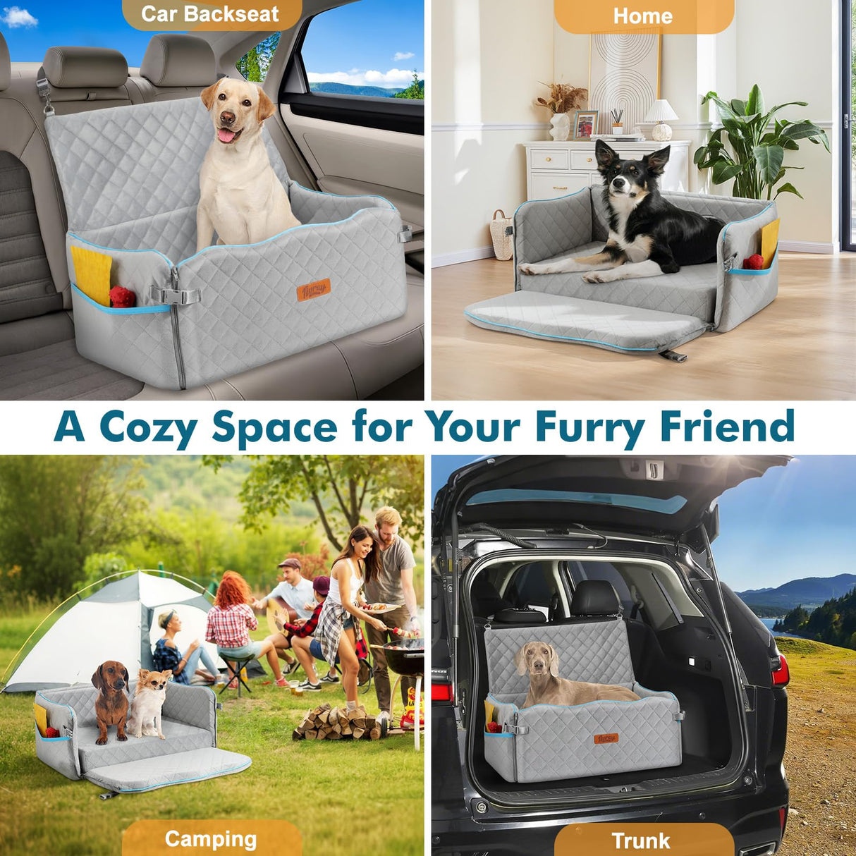 Large Dog Car Seat, Dogs Car Bed for Large Dogs Under 60 lbs or 2 Small Breeds, Comfortable Dog Booster Carseat with Memory Foam Thick Cushion, Detachable & Washable Pet Bed for Backseat, Grey