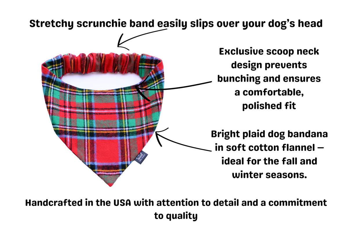 Plaid Flannel Scrunchie Dog Bandana Perfect for Halloween, Thanksgiving, Christmas, Handmade Warm and Soft Elastic Pet Bandana for Fall and Winter (Red Tartan Plaid, Large)