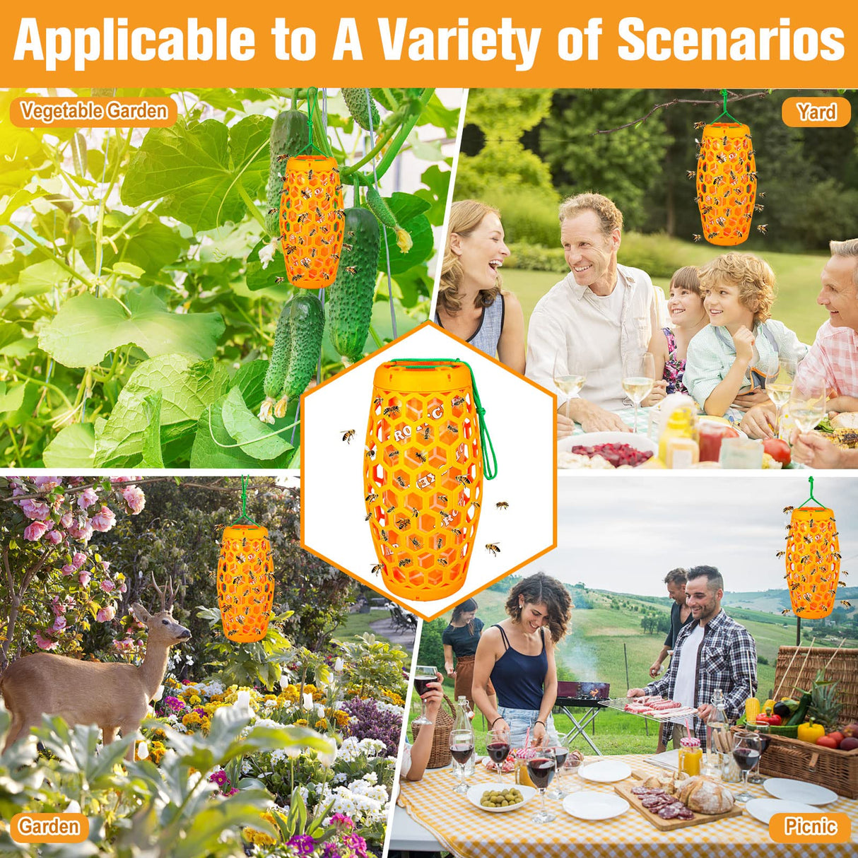 Wasp Traps Outdoor Hanging, Wasp Repellent for Indoor/Outdoor, Carpenter Bee Trap for Outside, Insect Trap, Yellow Jacket Trap, Bee Killer, Fake Wasp Nest&Paper Wasps -2 Pack 4 Sticky Boards(Orange)
