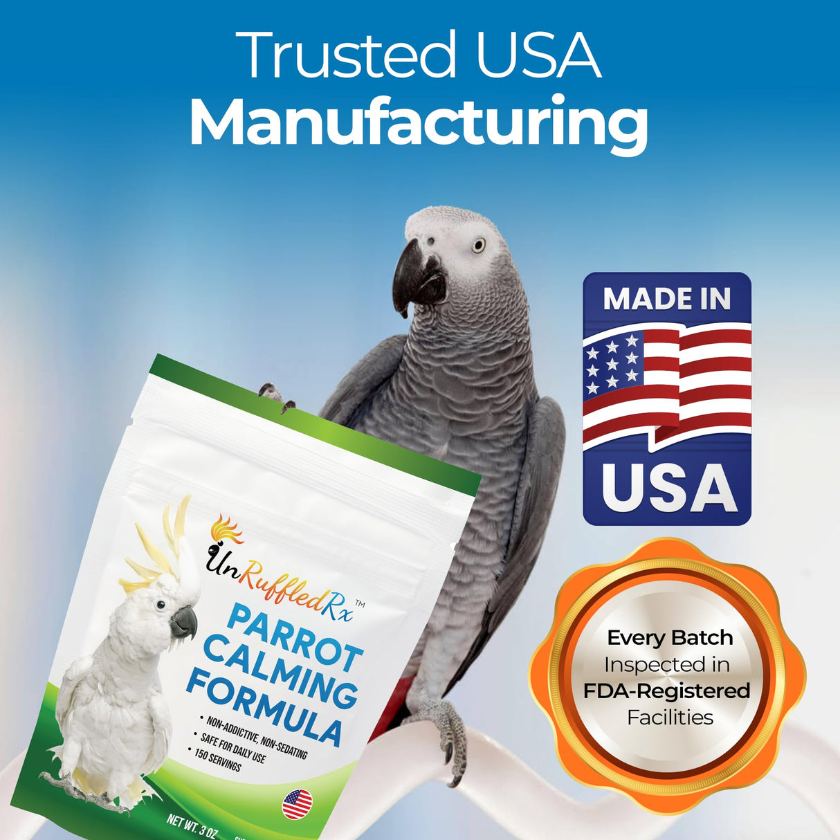 UnRuffledRx™ Calming Formula for Parrots – Bird Supplement That Supports Relaxation During Stressful Events Like Fireworks, Travel, and Visitors – 150 Servings – Made in USA