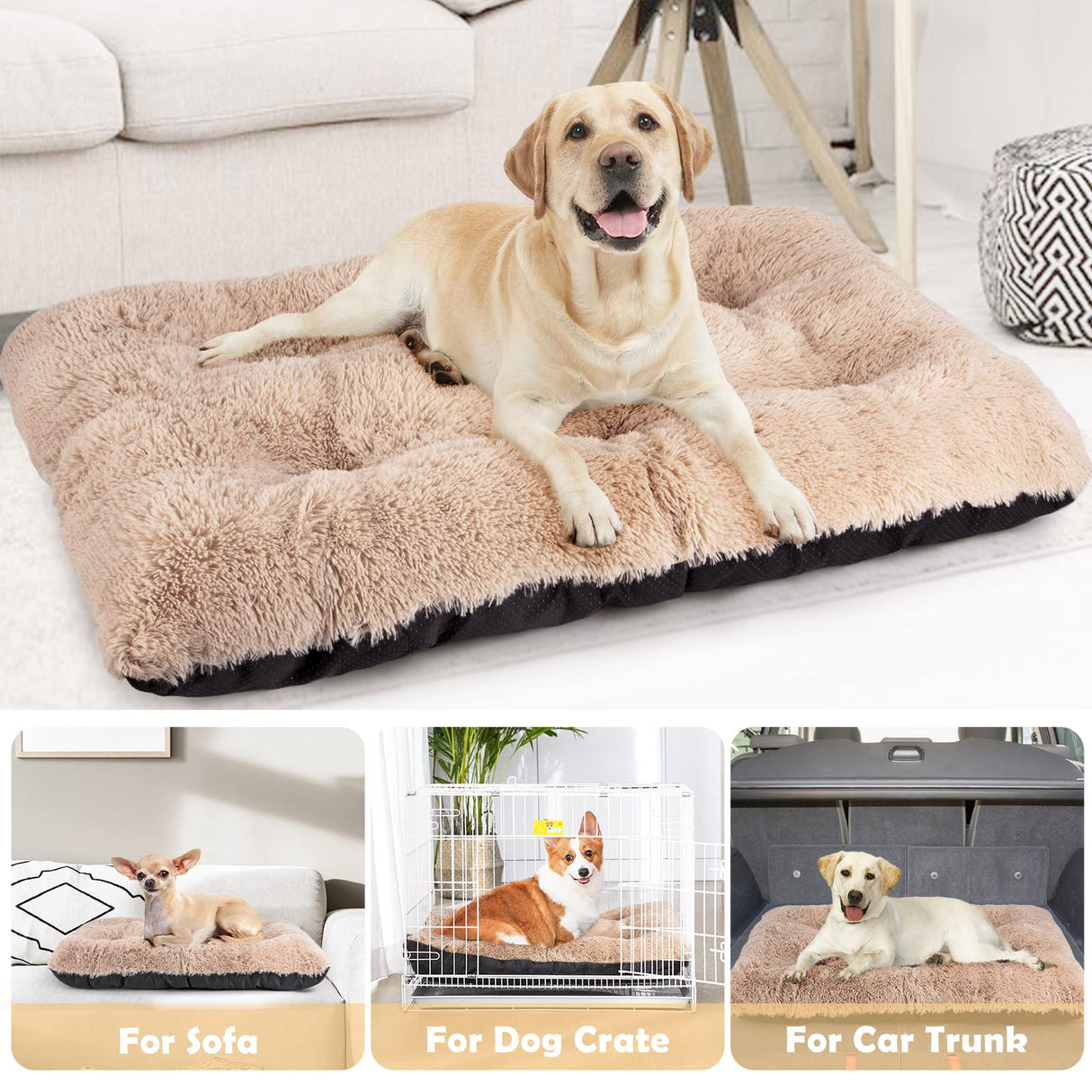 JOEJOY Dog Bed Crate Pad, Deluxe Plush Washable Dog Beds Fulffy Soft Kennel Pad Anti-Slip Pet Sleeping Mat for Medium Small Dogs, 29" x 21", Beige