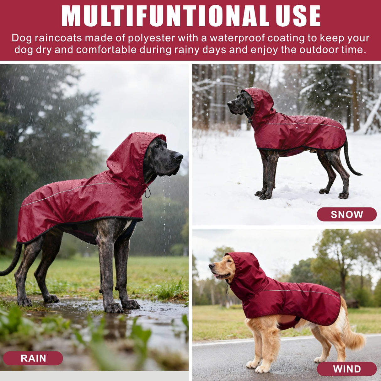 Mosucoirl Dog Raincoat Jacket Reflective Adjustable Hooded Pet Poncho Rain Coats with Leash Hole Waterproof Clothes for Small Medium Large Dogs (Red, L)