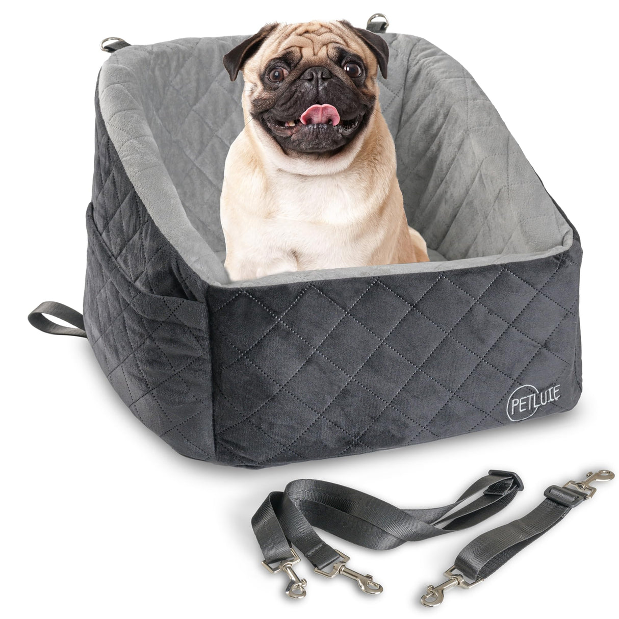 PETLUXE Dog Car Seat – Soft and Comfy Dog Booster Car Seat for Small, Medium Dogs Weighing Up to 30 lbs – Washable and Detachable Puppy Booster Seat with Strap and Pocket – Pet Travel Essential
