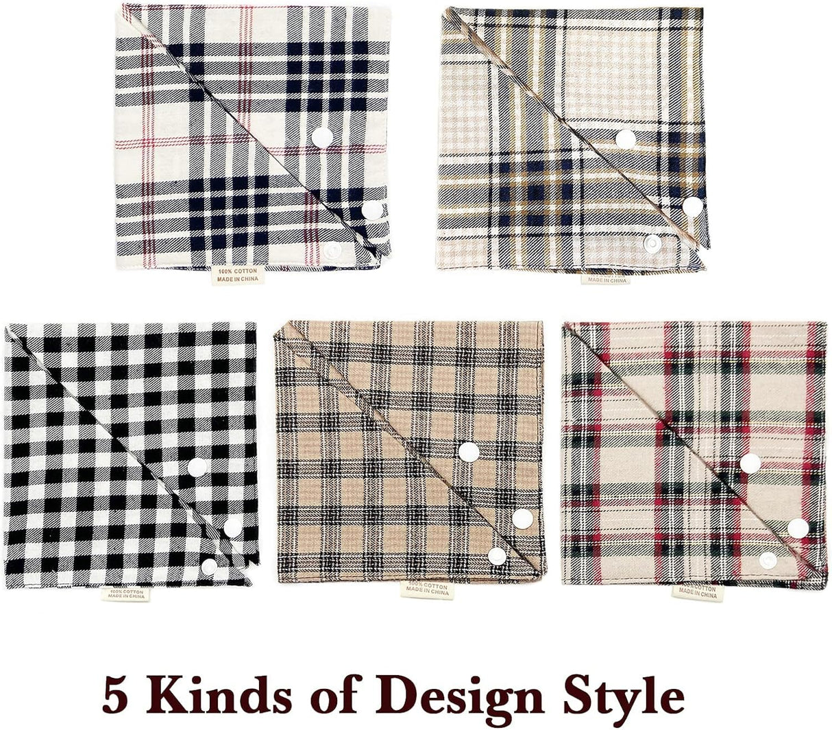 Spring 5PCS Dog Bandanas with Buttons - Thick Triangle Bibs Dual Layer Soft Cotton Scarf for Small Medium Large Boy Girl Puppy Cat Pet Plaid Kerchief Costumes Outfits