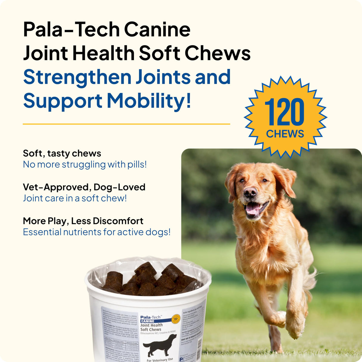 Pala Tech Canine Joint Soft Chews (120 ct) - Glucosamine & MSM Joint Supplement for Dogs - Dog Arthritis Pain Relief – Supports Mobility & Eases Stiffness - Tasty & Easy to Give