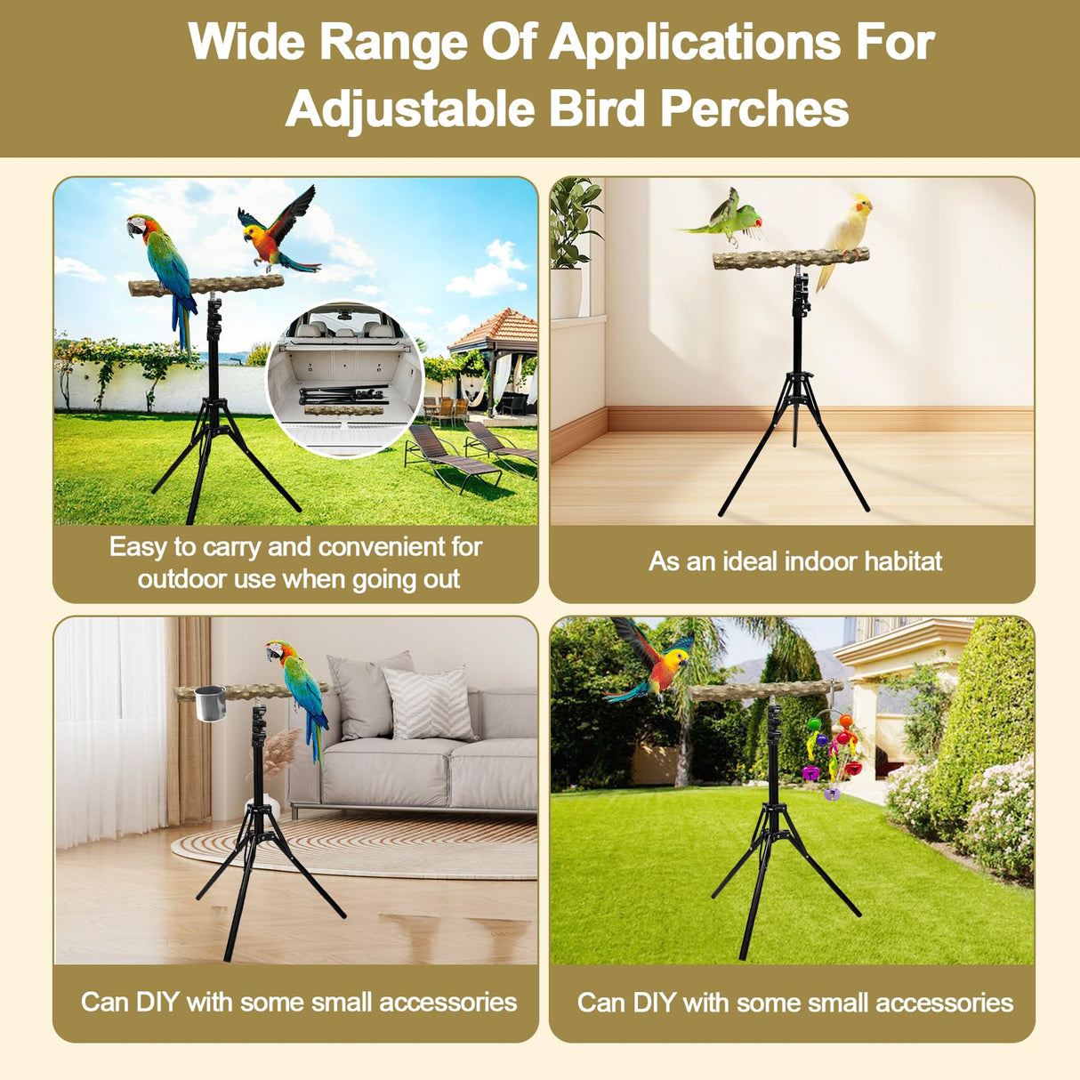 Arfubye 16-63 Inch Height Adjustable Bird Perch Pepper Wood Bird Training Perch Stand Parakeet Perches Indoor and Outdoor Parrot Stands for Small to Medium Bird