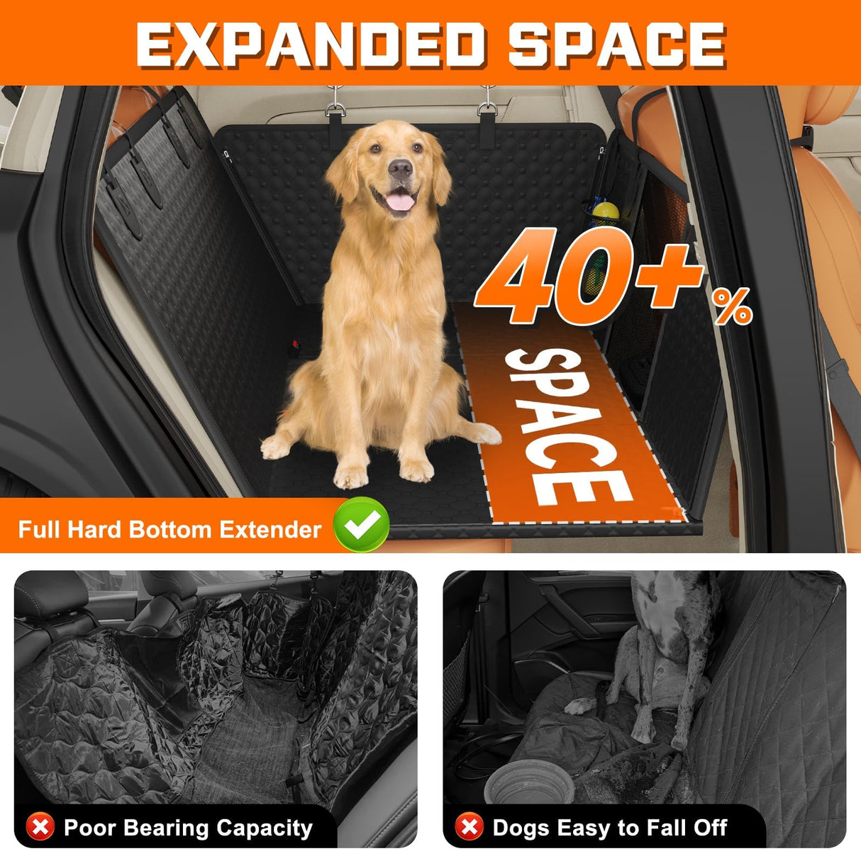 PAWYAGE Back Seat Extender for Dogs with Hard Bottom & Mesh Window, Waterproof Dog Car Seat Cover for Back Seat, Cat-Scratch Resistant Fabric, Extra Comfortable Dog Hammock for Car SUV and Trucks