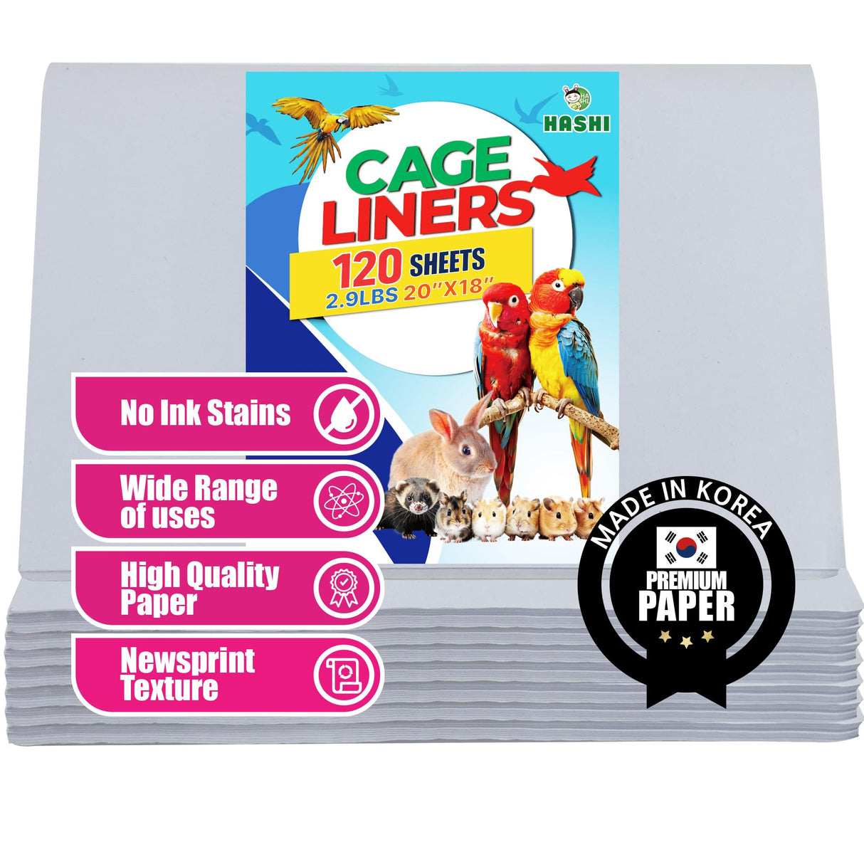 HA SHI Bird Cage Liner - 120 Paper Sheets, 20" x 18", 2.9 lb - Suitable for Pet Habitats, Bulk Quantity for Extended Use, Newsprint Texture, Parcel Packaging