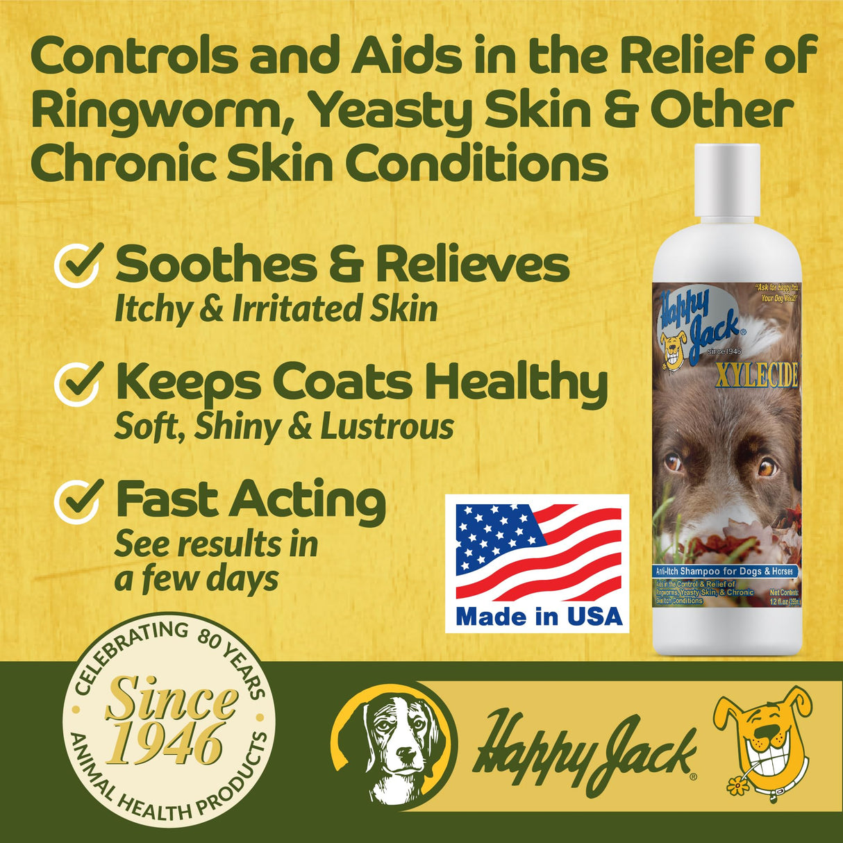 Happy Jack Xylecide, Itch Relief Shampoo for Dogs, Control Ringworms, Itchy Skin Treatment for Hot Spots, Seborrheic Dermatitis, Dandruff, Psoriasis, Eczema, Kennel Itch (12 oz)