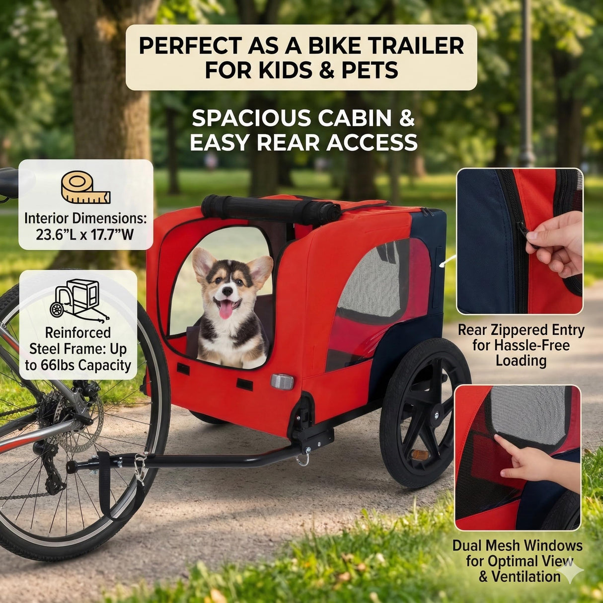 Heavy Duty Dog Bike Trailer with 16" All-Terrain Wheels & Universal Hitch, Foldable Pet/Cargo Carrier for Bicycles, Camping, Hiking (Red)