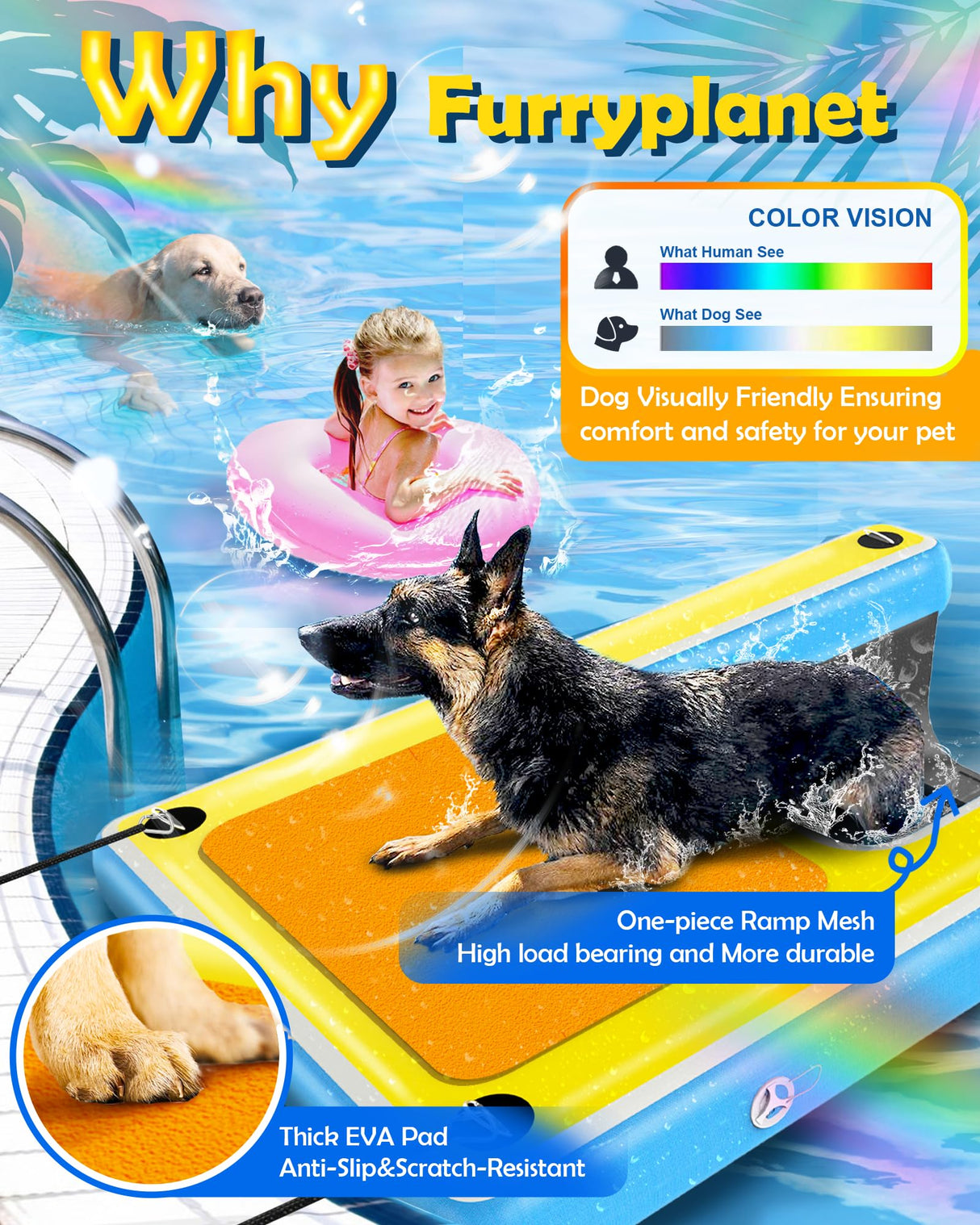 Upgrade Inflatable Dog Ramp,Multi-Use Dog Floats Ladder for Boat Pool Dock Lake,Non-Slip One-Piece Ramp Mesh Swimming Plank for Pup& Large Dogs Up to 240 lbs,Portable for Car Travel,Water Play