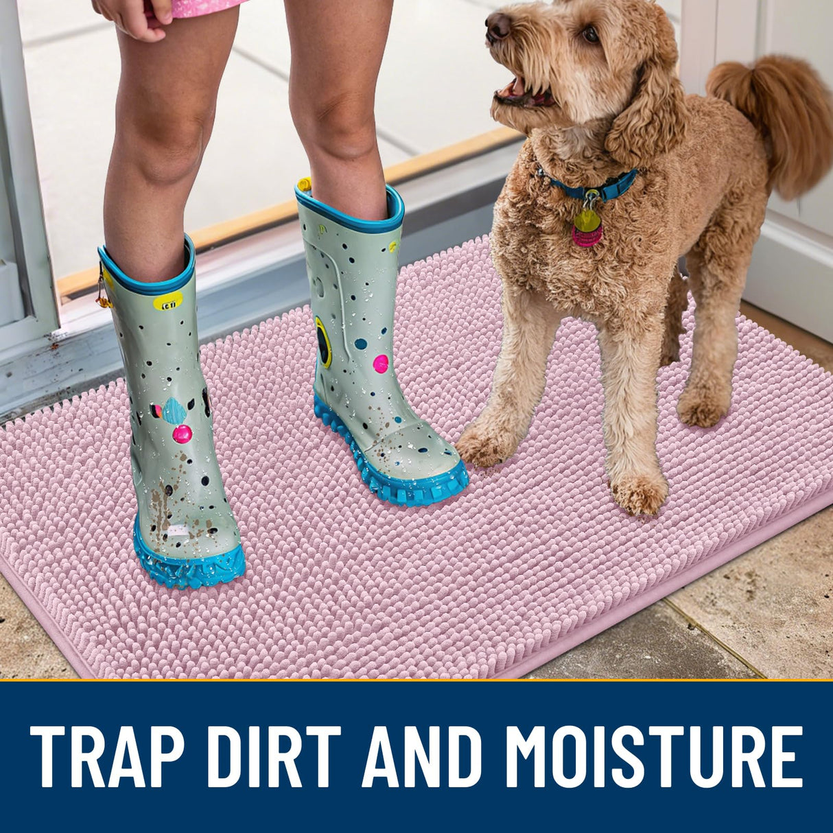 Smiry Dog Door Mat for Muddy Paws 47x24, Absorbs Moisture and Dirt Doormat, Non-Slip Washable Quick Dry Chenille Front Door Mat Indoor Entrance, Entryway Carpet for Inside Floor, Dusty Rose